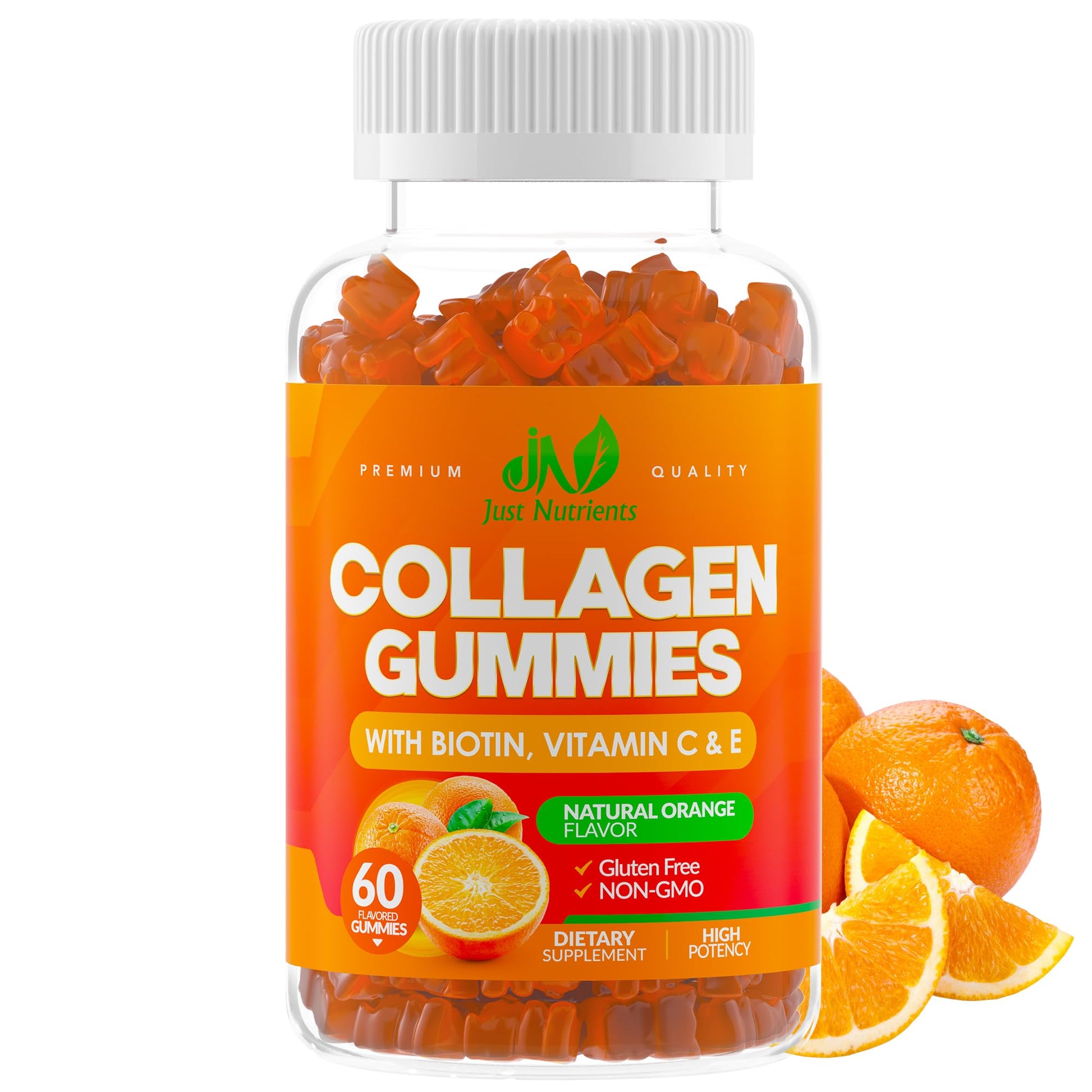 Just Nutrients Collagen Peptides Gummies with Biotin, Vitamin C & E for Women & Men - Premium Hydrolyzed Collagen Type I & III for Hair, Skin & Nails Support - Gluten-Free, Non-GMO - 60 Gummies