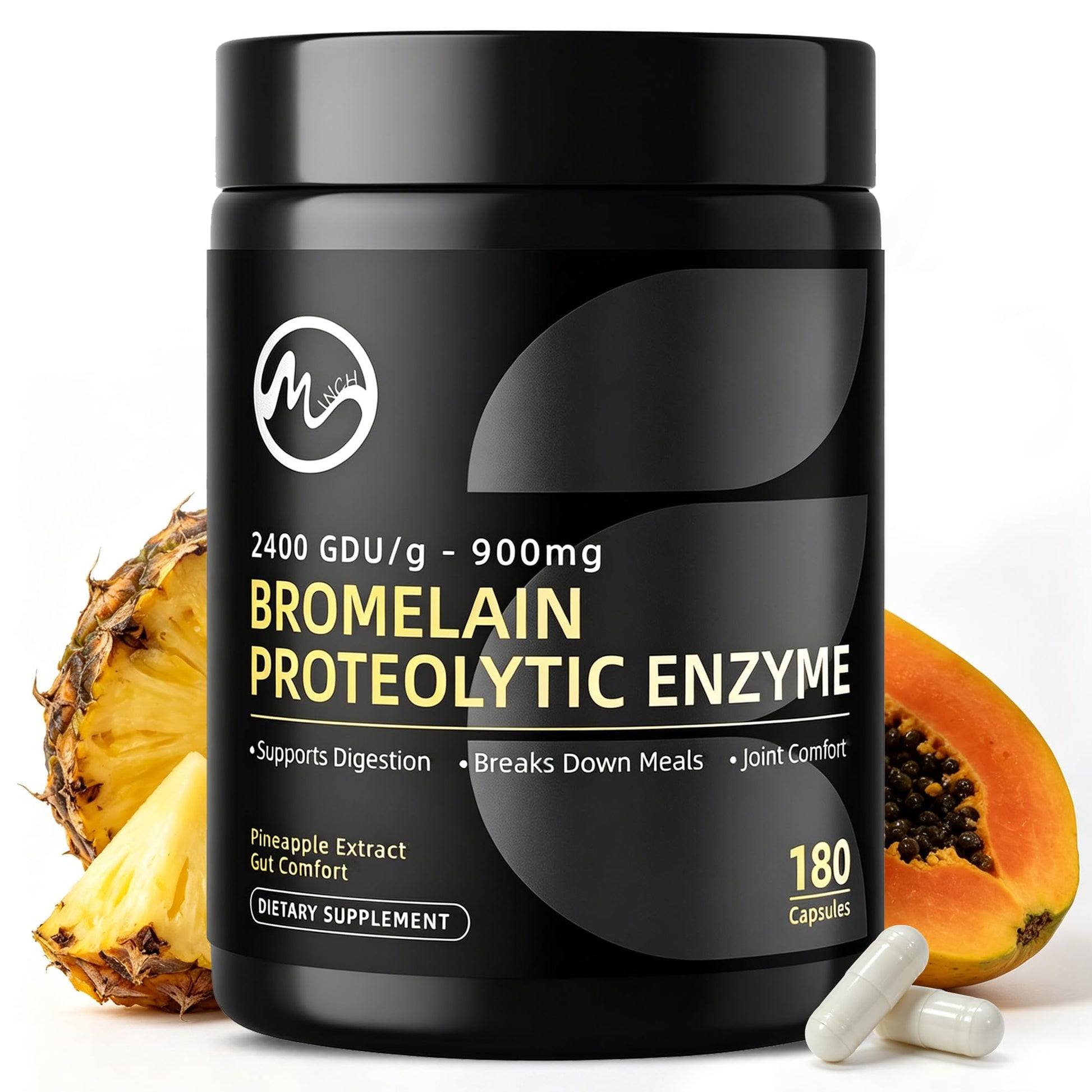 M inch Bromelain 900mg, 2400 GDU/g Pineapple Enzyme, High Potency Digestive Enzyme & Joint Comfort Supplement, Proteolytic Enzyme for Digestion, Gluten Free, 180 Capsules