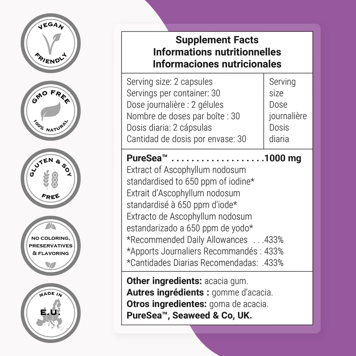 Supersmart Natural Iodine 1000 mg Per Day - Standardized to 650 ppm of Iodine - Thyroid & Healthy Nervous System Support Supplement, 60 Capsules