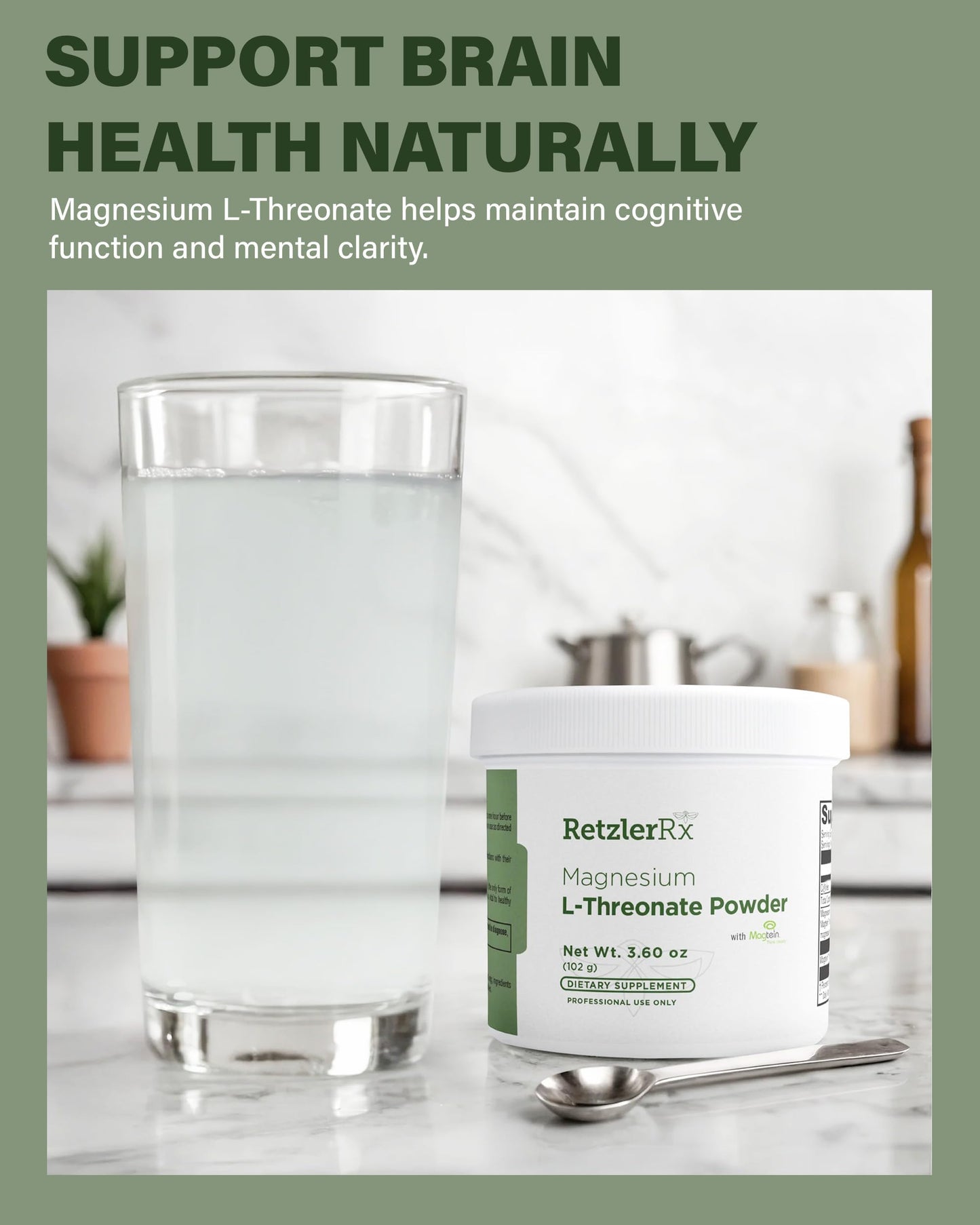 HormoneSynergy Magnesium L-Threonate Powder with Magtein Brain-Supporting Magnesium Threonate Complex, 3.6 Ounce
