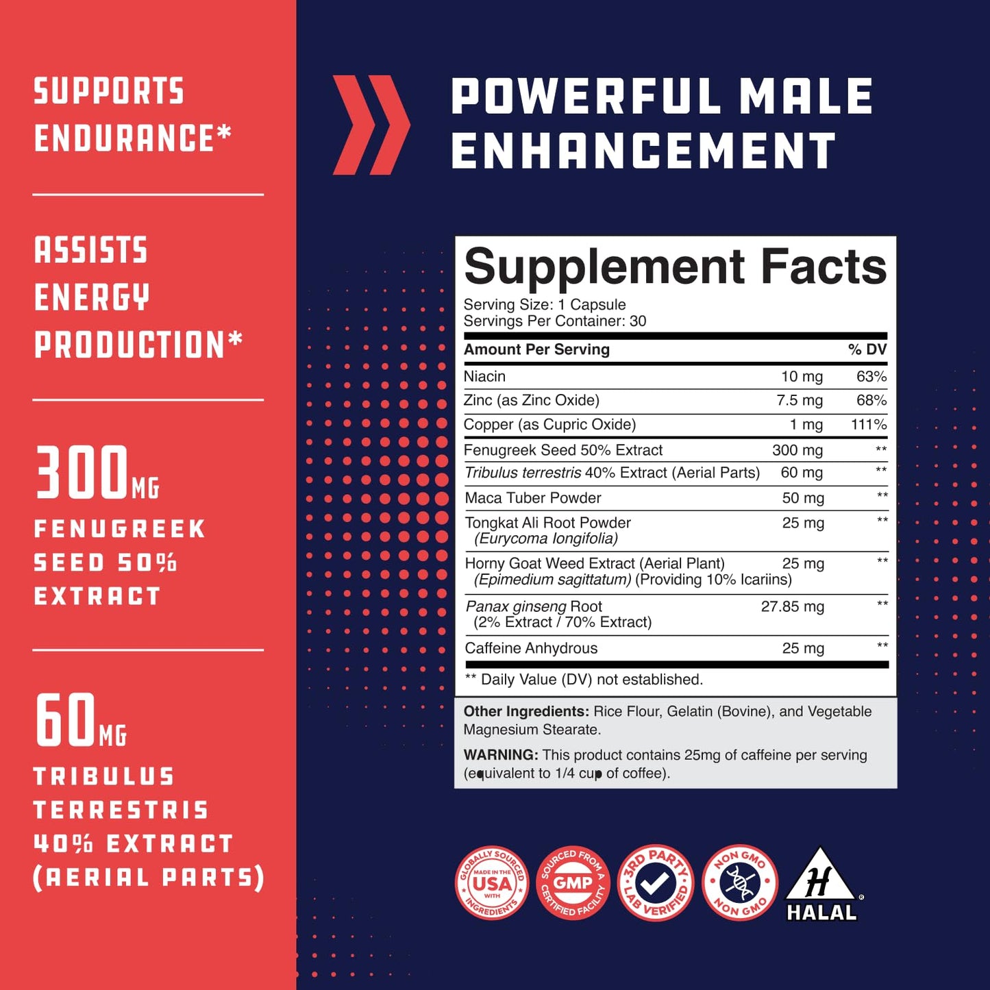 Natures Craft Natural Halal Male Performance Supplement for Increased Energy and Drive with Pure Maca Root, Fenugreek Extract and Tongkat Ali Powder Capsules, 30 Count