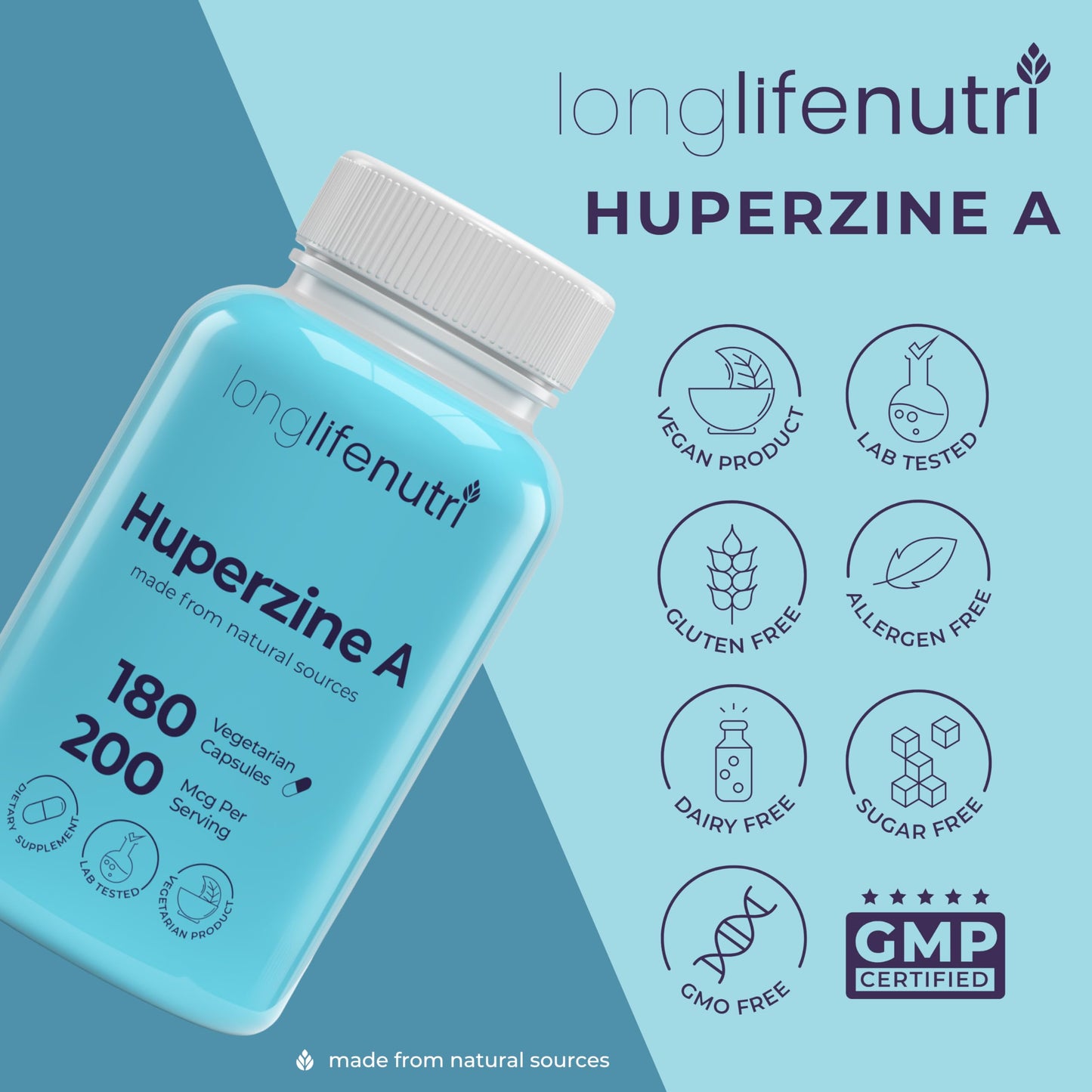 LongLifeNutri Huperzine A 200mcg from Huperzia Serrata Leaf, 180 Vegetarian Capsules
