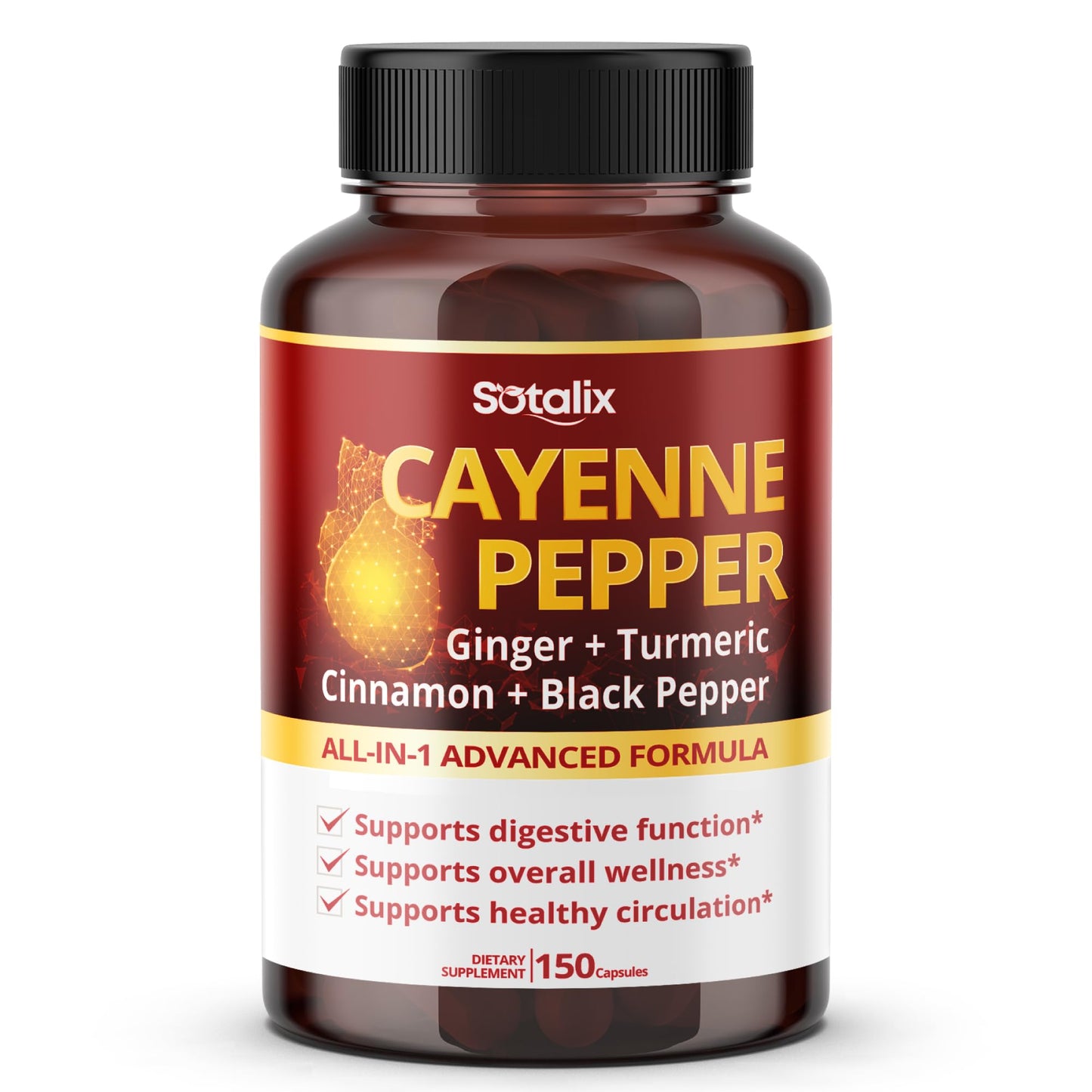 SOTALIX SUPPLEMENT Cayenne Pepper with Ginger Turmeric Cinnamon Black Pepper Digestion Support 150 Capsules