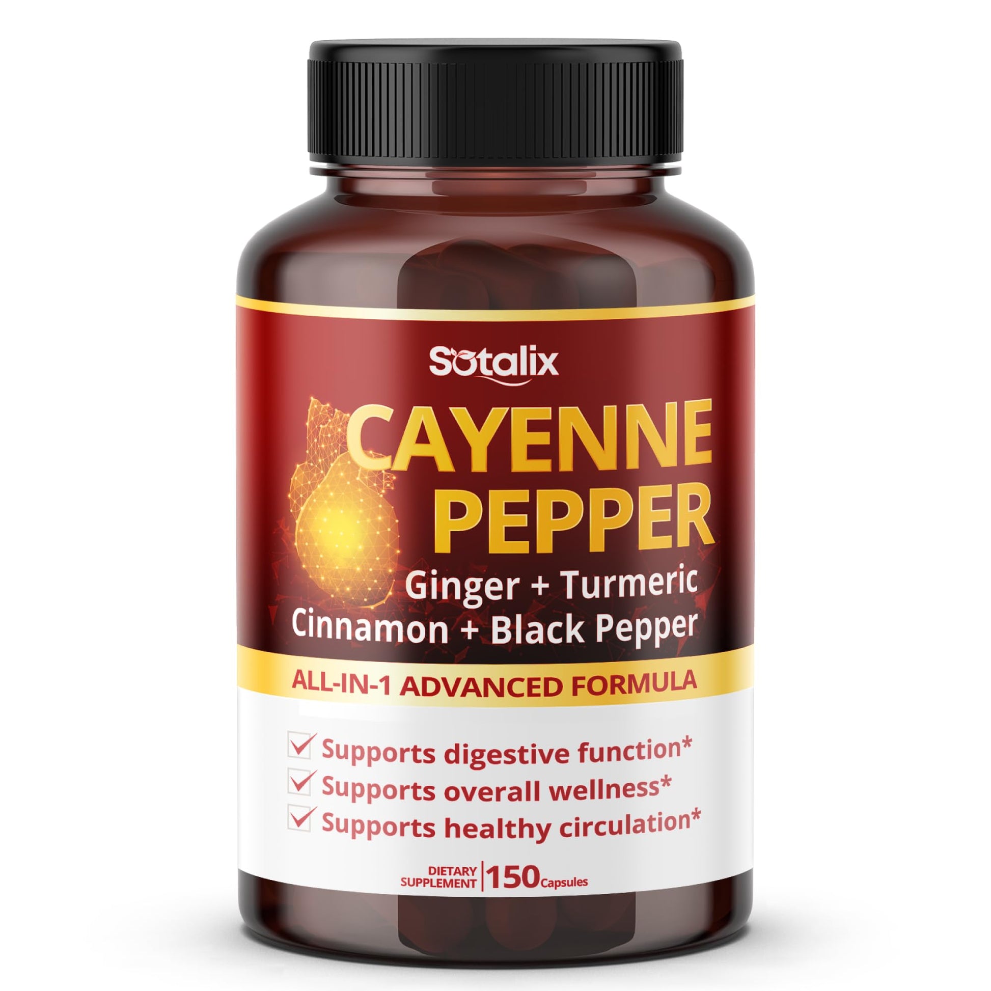 SOTALIX SUPPLEMENT Cayenne Pepper with Ginger Turmeric Cinnamon Black Pepper Digestion Support 150 Capsules