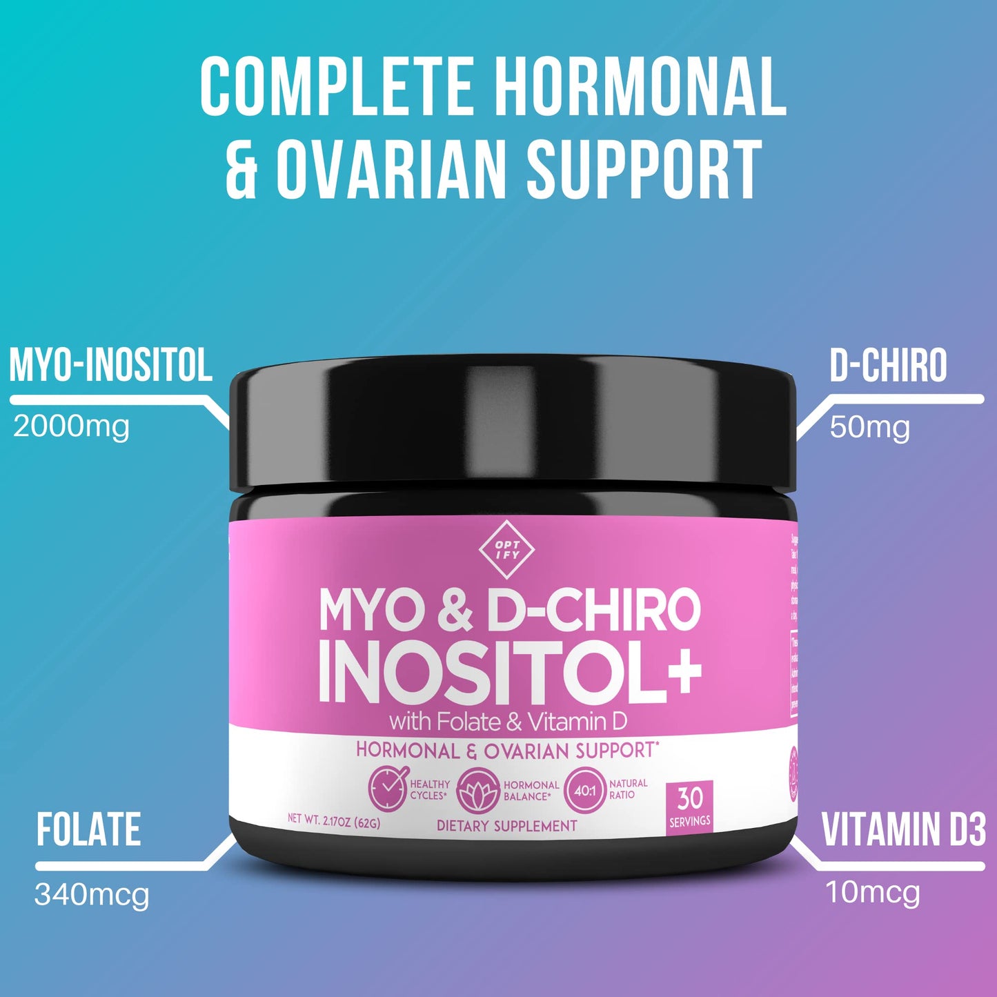 Optify Inositol Supplement Bundle Powder - Myo-Inositol & D-Chiro Inositol with Folate & Vitamin D, 1 Count
