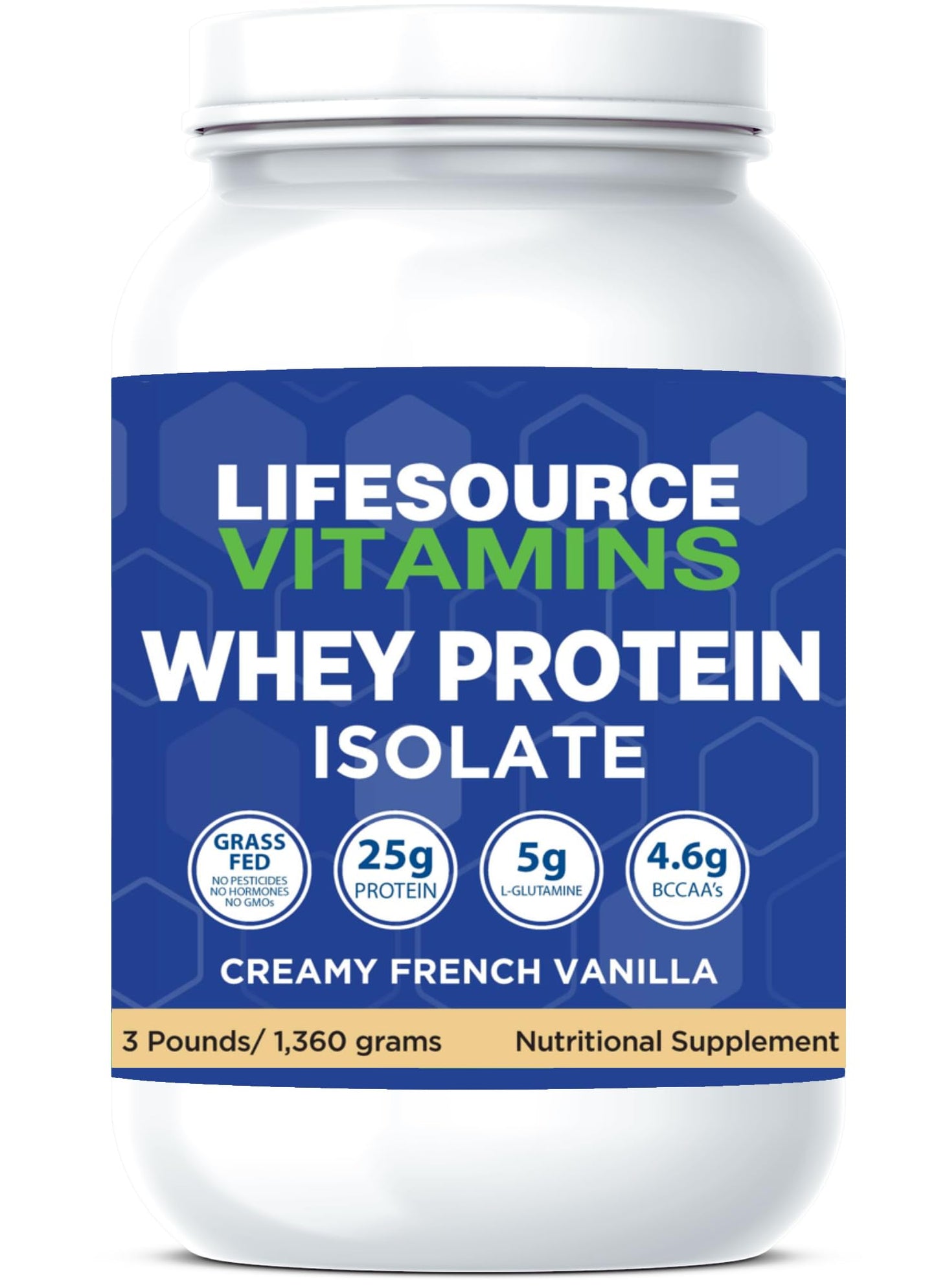 LifeSource Vitamins Grass Fed Whey Protein Isolate Creamy French Vanilla with Stevia Powder 48 Servings