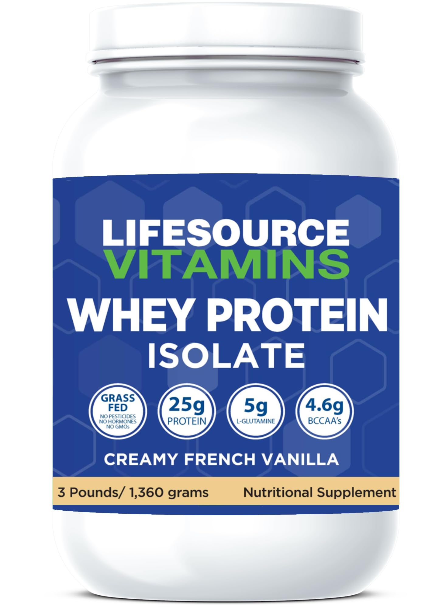 LifeSource Vitamins Grass Fed Whey Protein Isolate Creamy French Vanilla with Stevia Powder 48 Servings