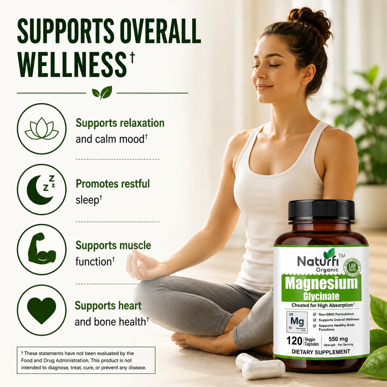 Naturfi Organic Magnesium Glycinate Capsules, 120 Count