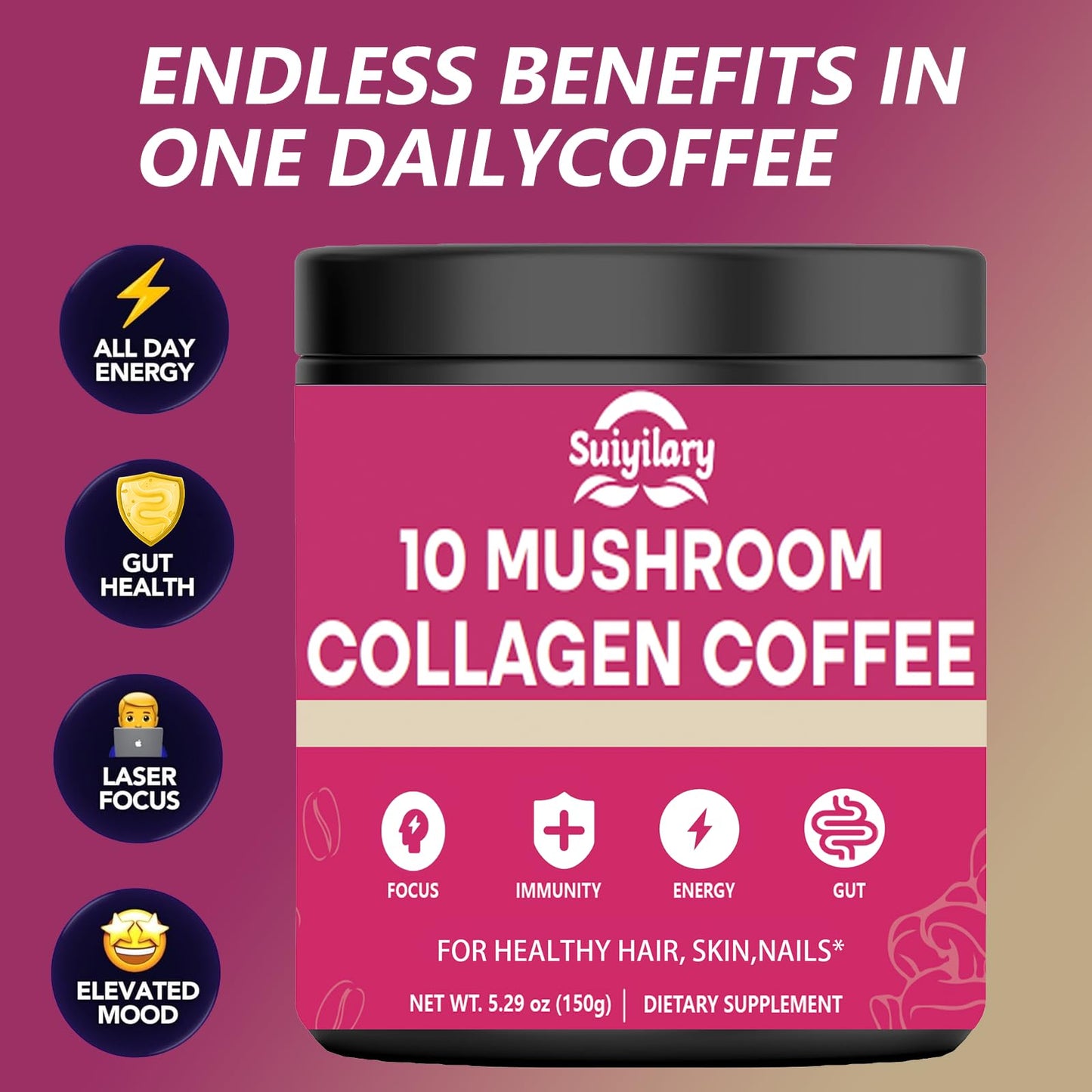 Suiyilary Mushroom Coffee with Collagen Powder, 5.3 Ounce, 30 Servings