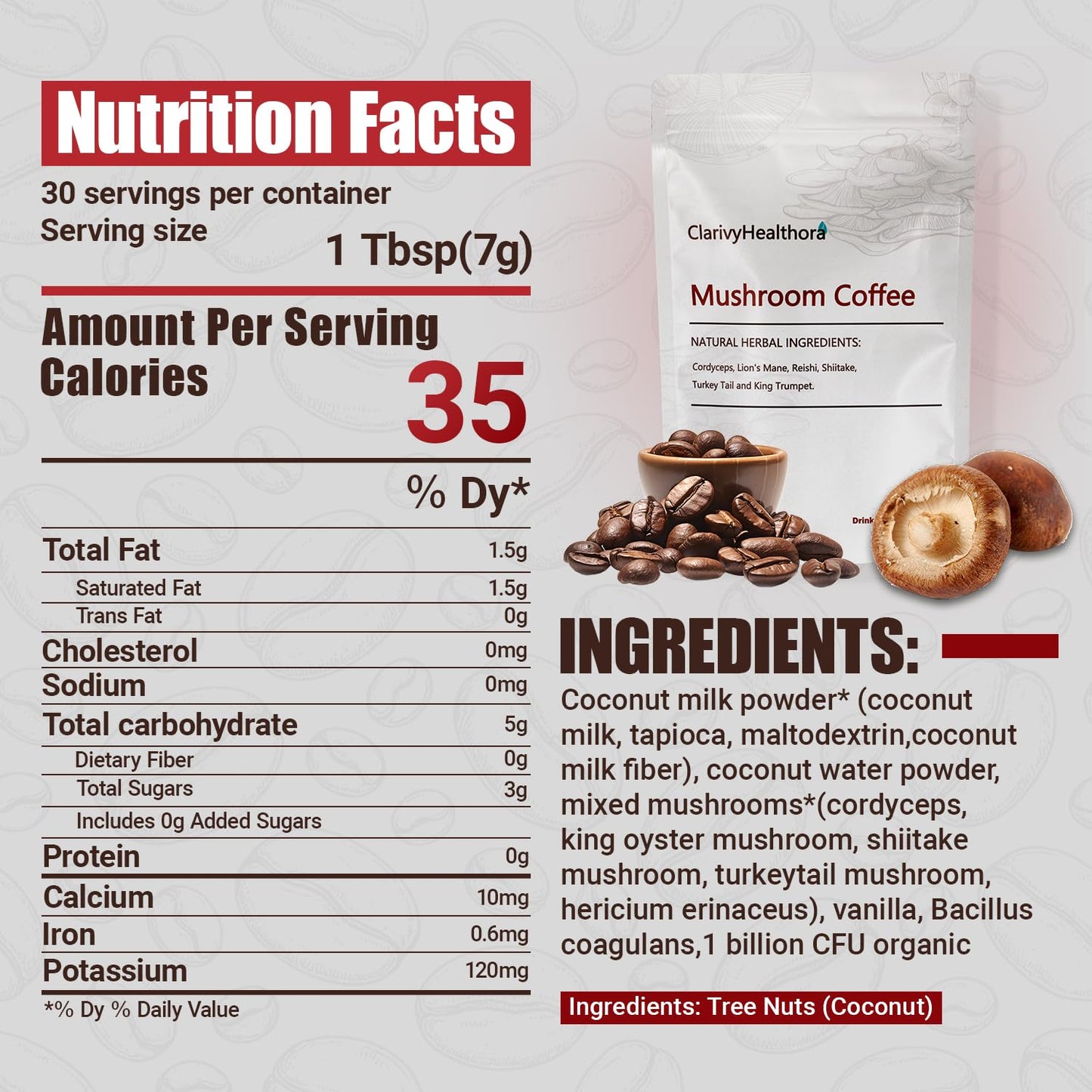 ClarivyHealthora Mushroom Coffee Powder 6.34 Ounce