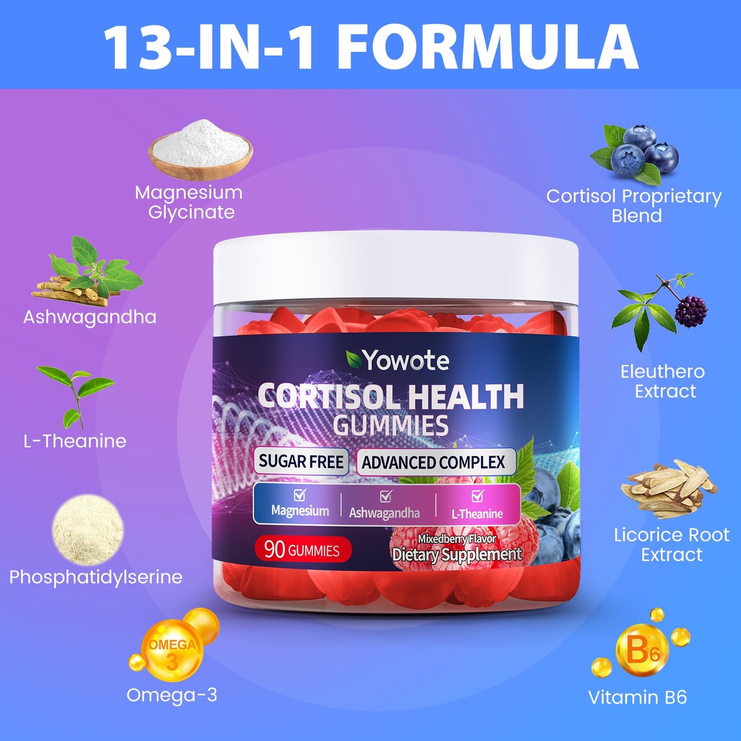 YOWOTE Cortisol Support Gummies for Men and Women with Magnesium, Ashwagandha, L-Theanine, Phosphatidylserine, 90 Count