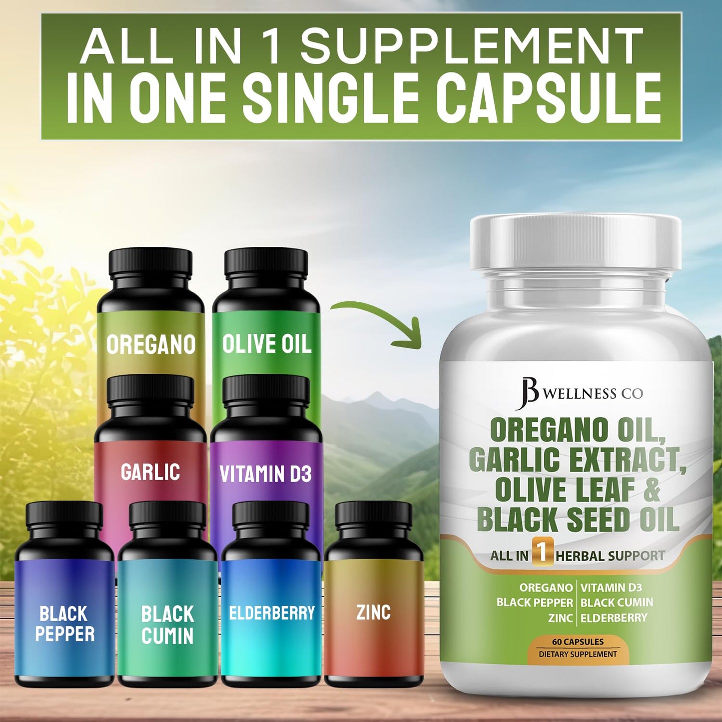 JB Wellness Co Oregano Oil, Garlic Extract, Olive Leaf with Astragalus Immune Support & Digestive Health Capsule, 180 Capsules