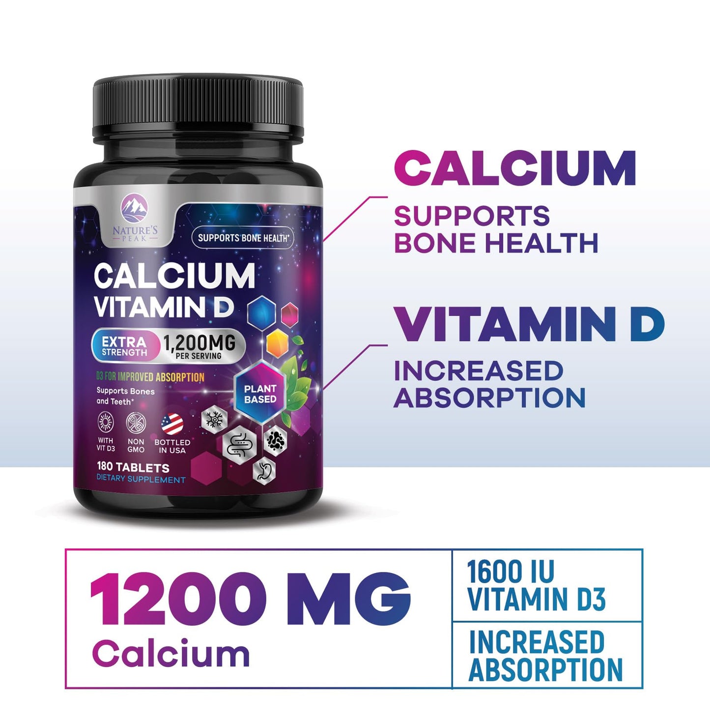 Nature's Peak Calcium 1200 mg with Vitamin D3 Tablets, 180 Count