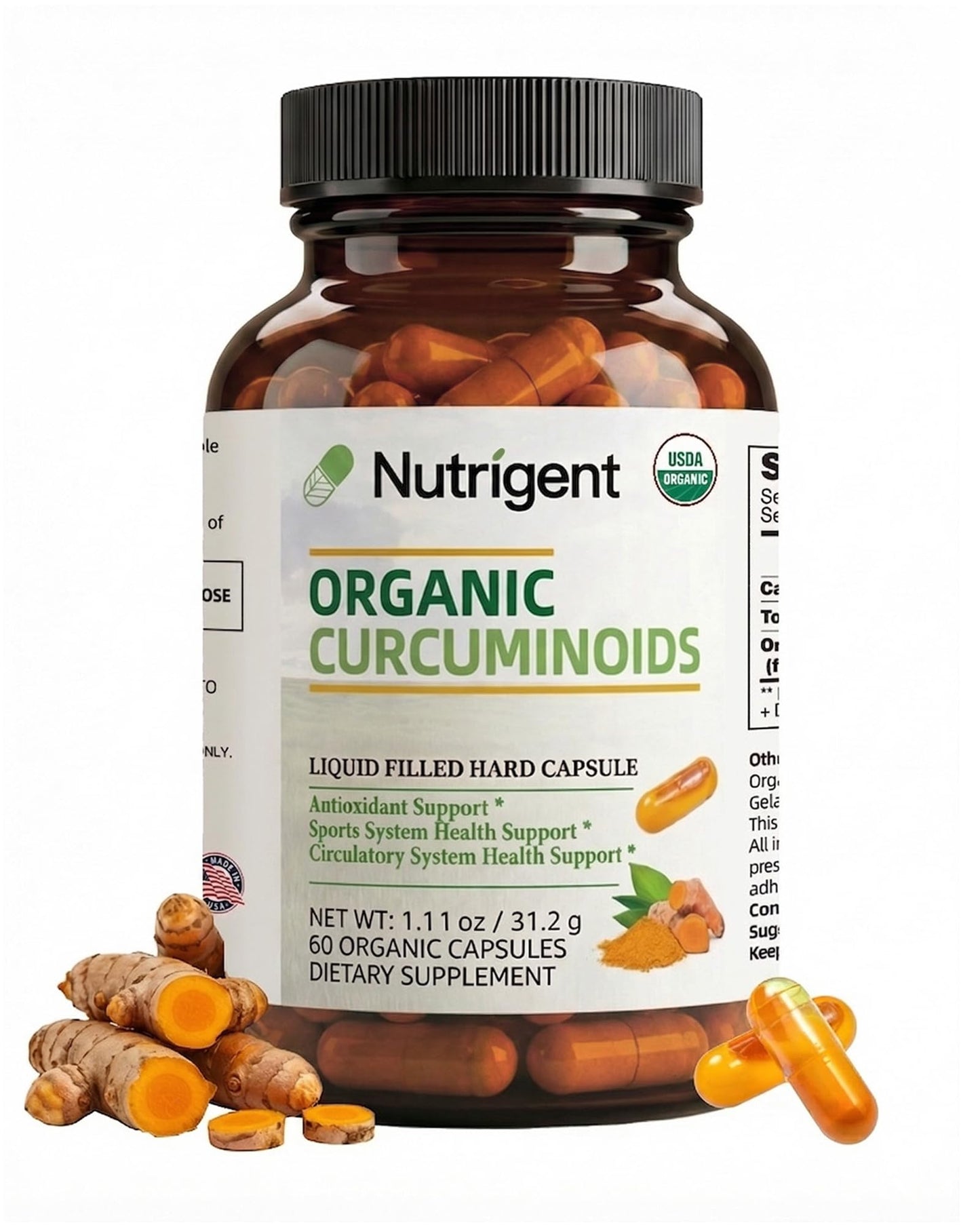 Nutrigent USDA Organic Turmeric Curcumin Supplement, Turmeric Extract with Curcuminoids 300 mg Capsule, 60 Count
