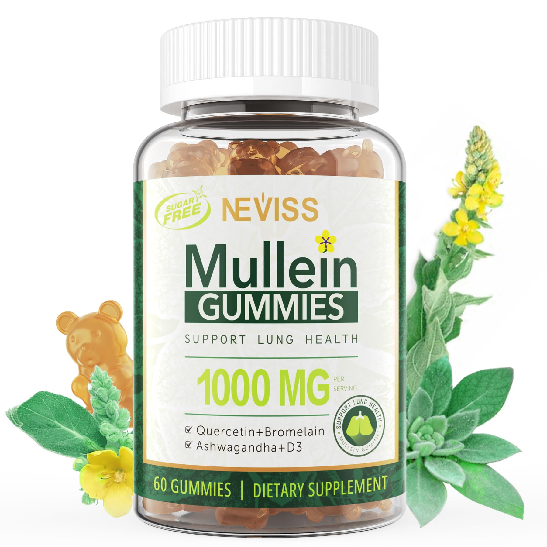 NEVISS Mullein Gummies 1000mg Organic Mullein Leaf Extract with Quercetin & Bromelain, D3 for Digestive Support, Immune Booster, Sugar Free, Vegan, 60 Count