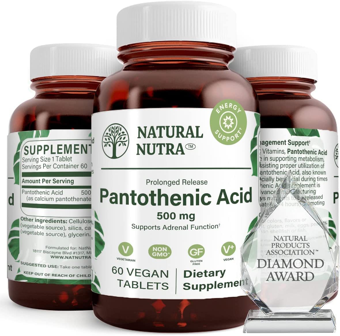 Natural Nutra Time Release Pantothenic Acid 500 mg Vitamin B5 Supplement, 180 Tablets