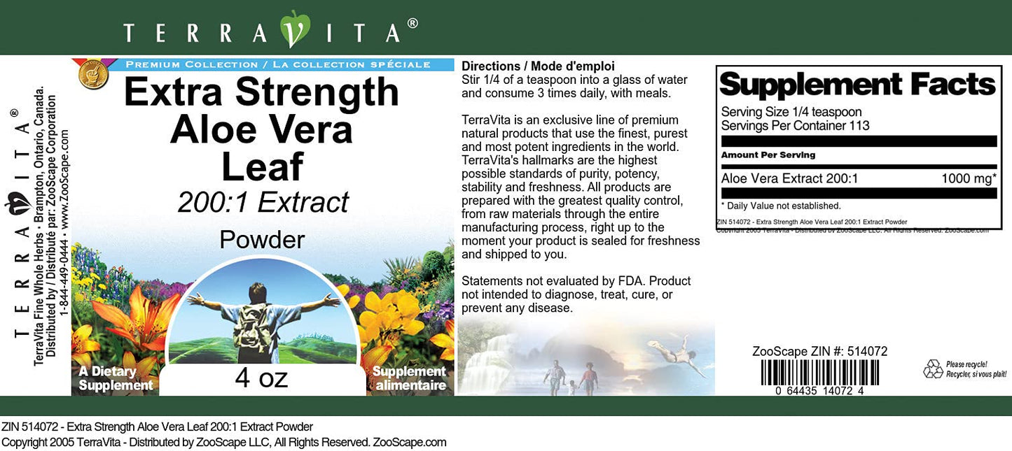 Terravita Extra Strength Aloe Vera Leaf 200:1 Extract Powder, 12 oz