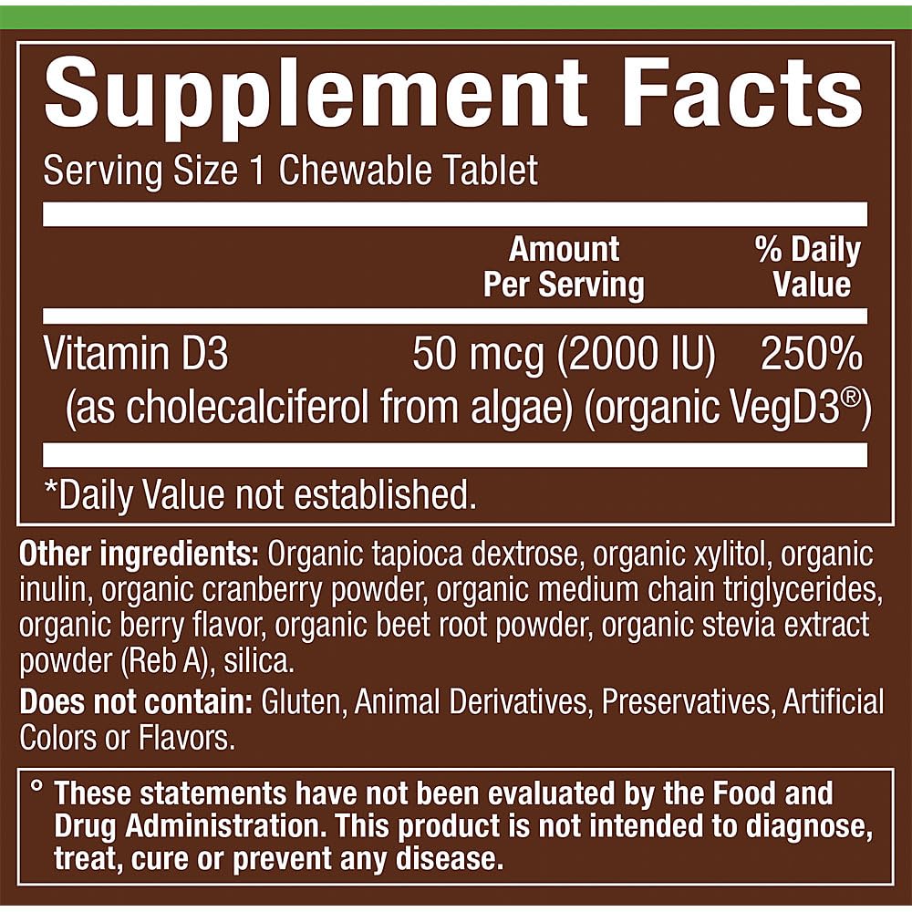 plnt Organic Vitamin D3 50 MCG (2,000 IU) Whole Food Vitamin A Mixed Berry Chewable Tablets 60