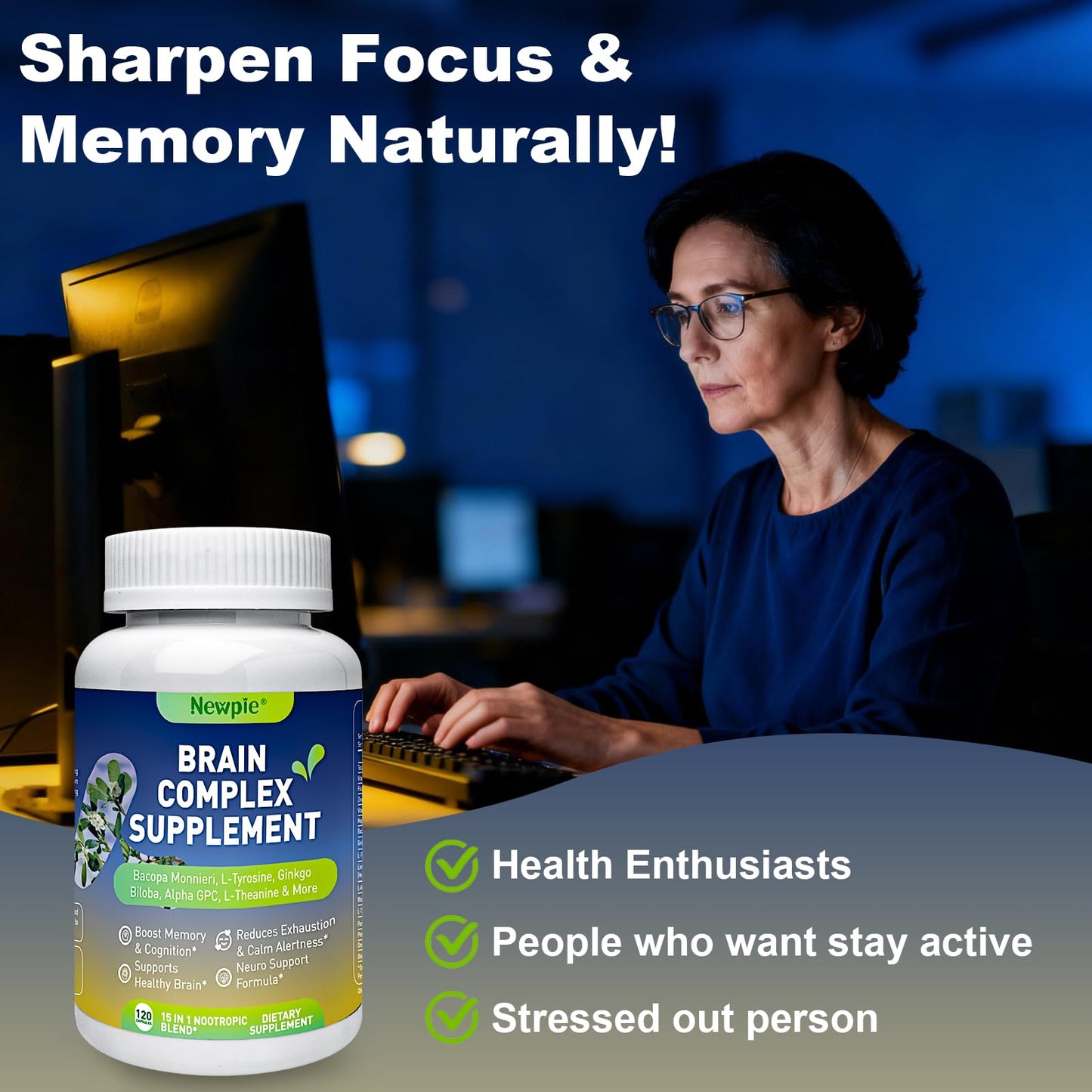 Newpie 15 in 1 Brain Supplement Nootropic Capsule, 120 Capsules