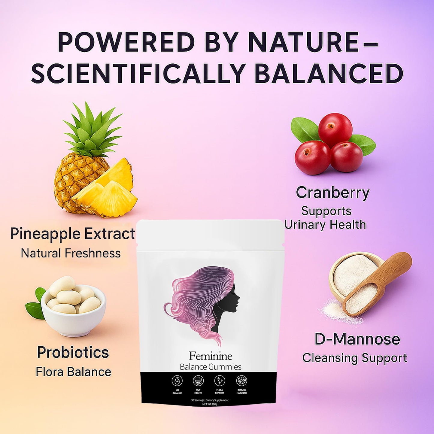 NEWUREHO Feminine Balance Gummies, Pineapple Probiotic Blend, Hawaiian Pineapple Flavor, 60 Gummies