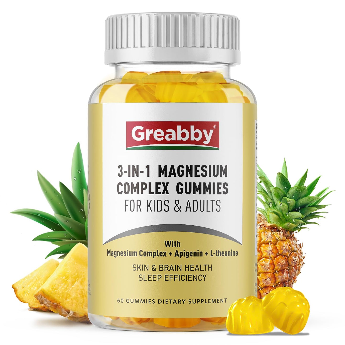 GREABBY Triple Magnesium Complex Gummies 800mg Magnesium Glycinate & Citrate, Apigenin & L-Theanine, for Kids & Adults, Naturally Asleep & Muscle Cramps, 60 Gummies