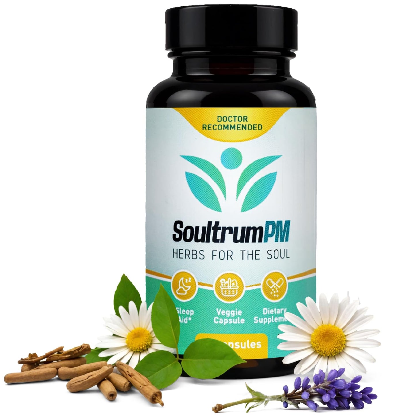 Soultrum Natural Sleep Aid Nighttime Sleeping Supplement with Melatonin 3mg, L-Theanine 200mg, Vitamin B6 5mg, Magnesium Glycinate 11mg, Ashwagandha, Chamomile, Valerian Root, Passionflower, 60 Capsules