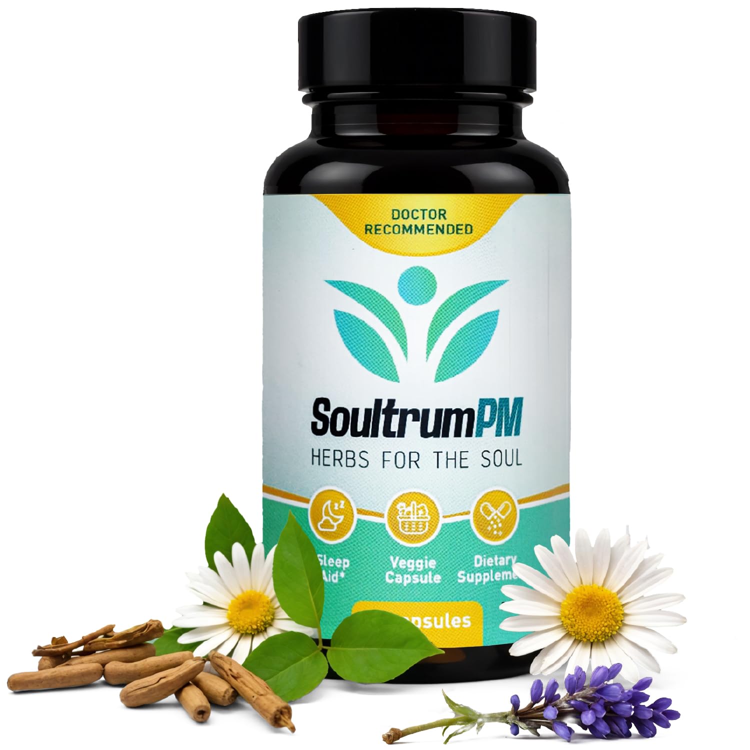 Soultrum Natural Sleep Aid Nighttime Sleeping Supplement with Melatonin 3mg, L-Theanine 200mg, Vitamin B6 5mg, Magnesium Glycinate 11mg, Ashwagandha, Chamomile, Valerian Root, Passionflower, 60 Capsules