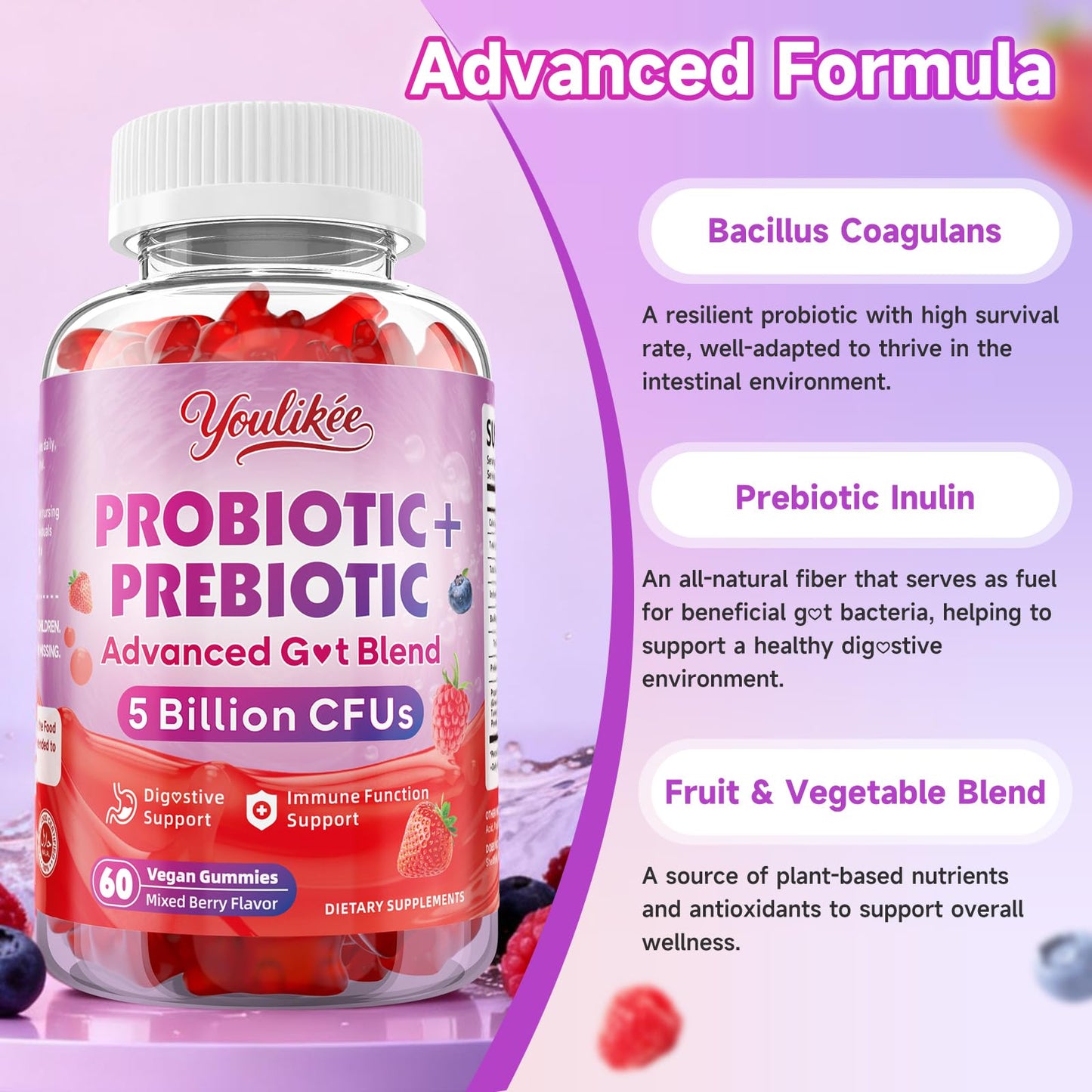Youlikee Prebiotic + Probiotic Gummies for Women and Men Gummy 120 Count