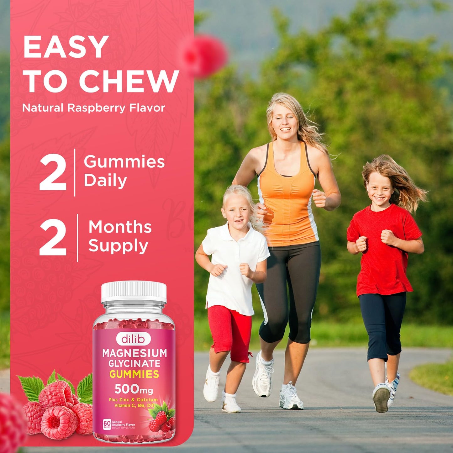 dilib Magnesium Glycinate Gummies 500mg Magnesium Supplement with Calcium, Zinc, Vitamin C, B6, D3 - Calm Chewable Gummies for Kids & Adults - Sleep, Mood & Muscle Support - Raspberry Flavor, 60 Gummies