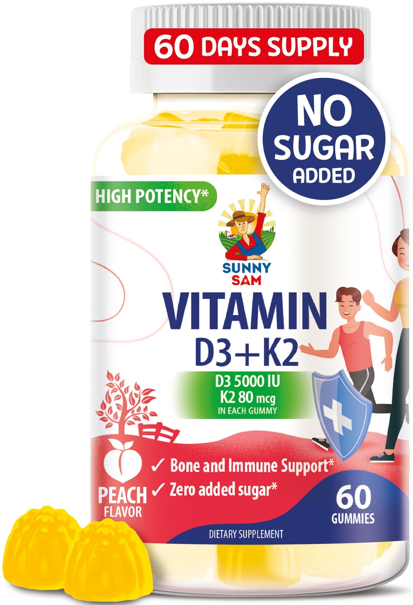 SUNNY SAM Sugar-Free Vitamin D3 K2 Gummies 5000 IU 60 Count