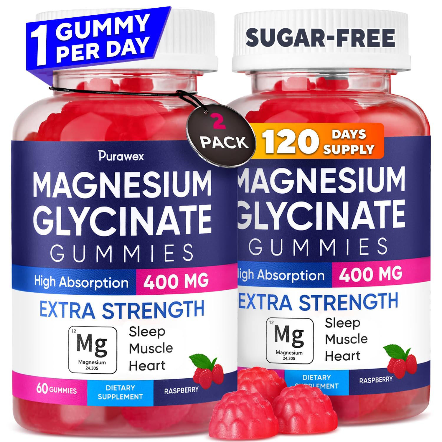 PURA WEX NUTRITION Magnesium Glycinate Gummies 400mg Extra Strength, 120 Count