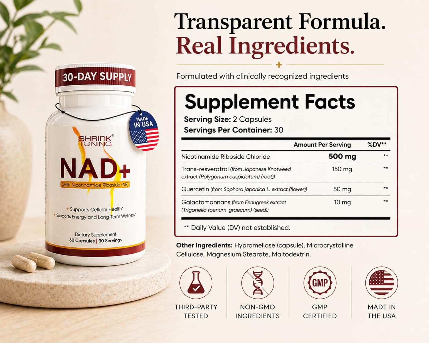 shrink Toning NAD+ Supplement with NR Capsule, 1 Count
