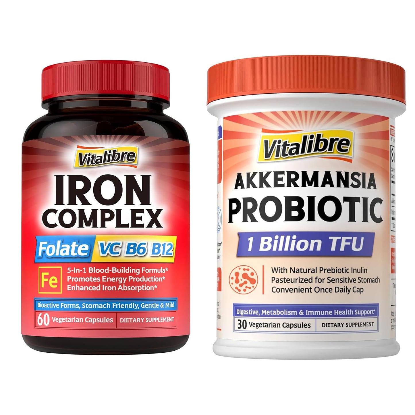 Vitalibre Iron Complex Supplement & Akkermansia Muciniphila Probiotic 1 Billion TFU, 90 Capsules