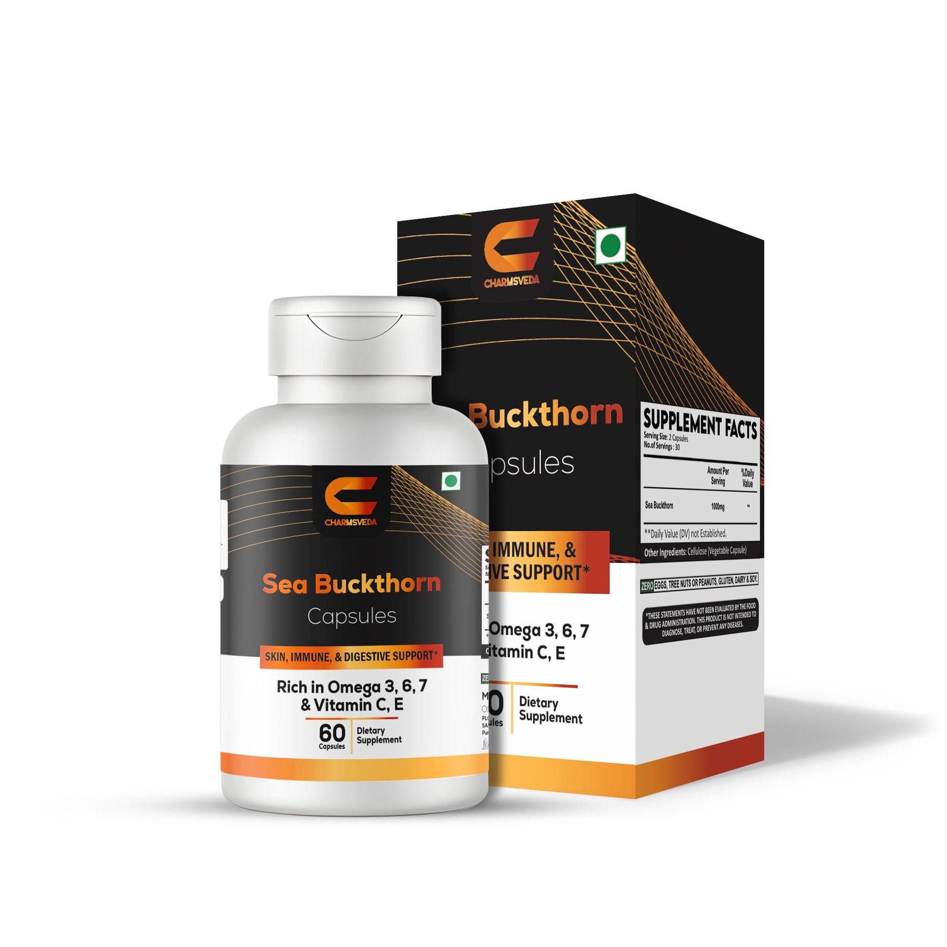 CHARMSVEDA Sea Buckthorn Capsules 1000 mg with Omega 3, 6, 7 | Vitamins C & E | Skin Health, Immune Support & Overall Wellness | 60 Capsules