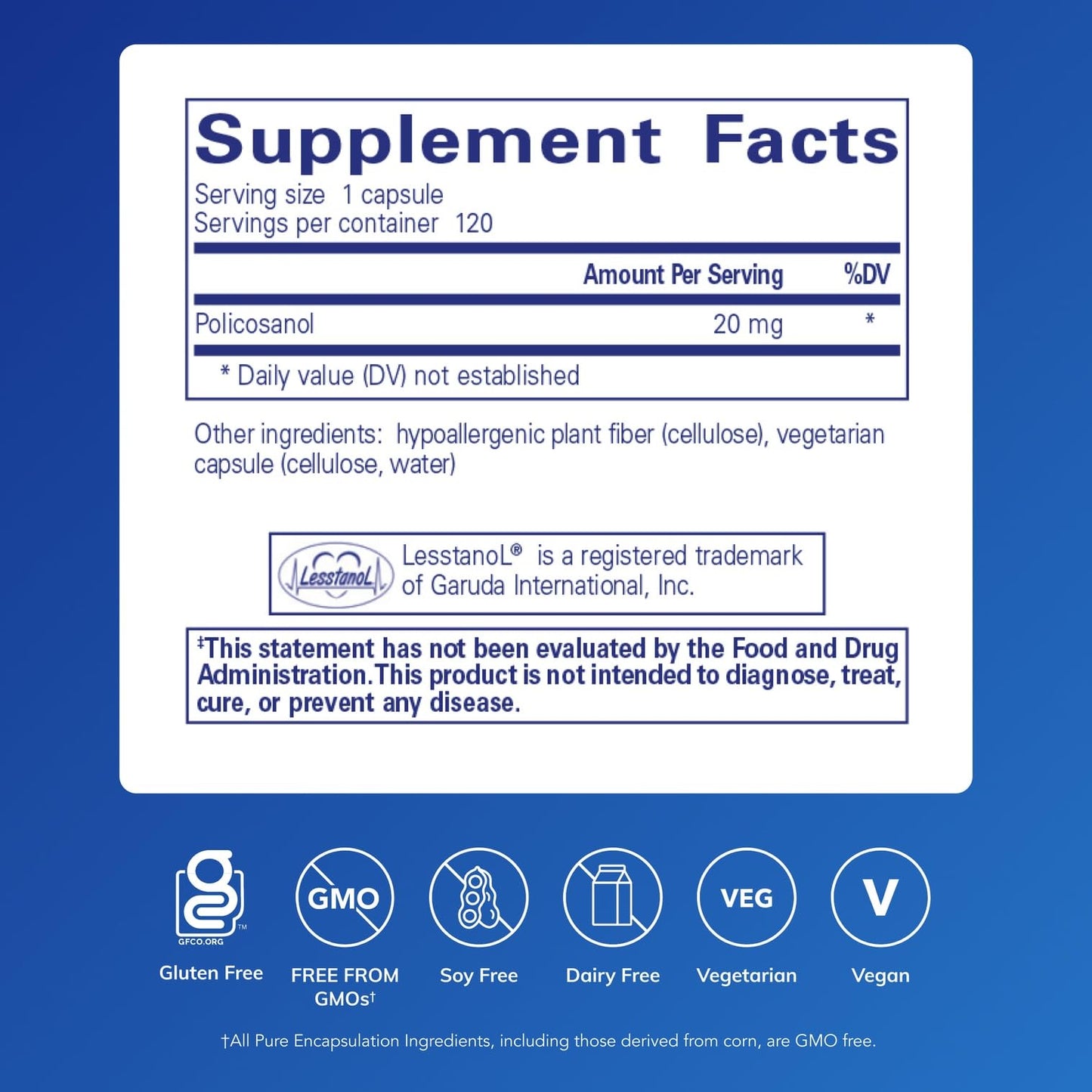 Pure Encapsulations Policosanol 20 mg Capsules 120 Count