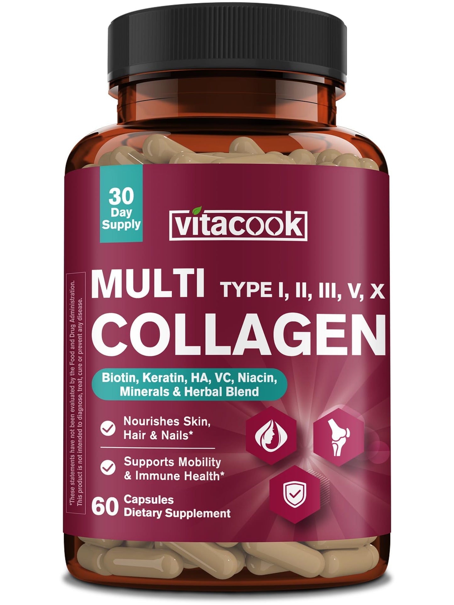 Vitacook Multi Collagen Peptides for Women & Men, Hydrolyzed, Types I, II, III, V, X, Biotin, Keratin, Hyaluronic Acid, VC, Zinc, Selenium & Herbal Blend for Skin, Hair, Nails & Mobility, 60 Capsules