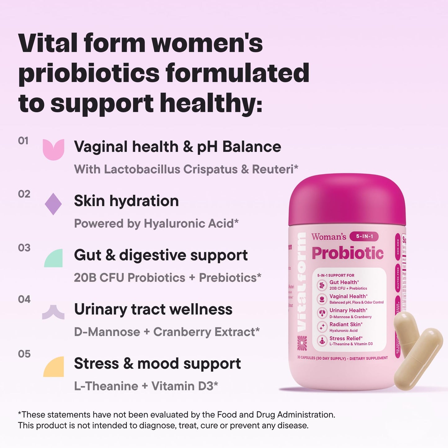 VitalForm Women’s Probiotic 20 Billion CFU – 5-in-1 Daily Support for Digestive, Vaginal & Urinary Health – with Cranberry, D-Mannose, Prebiotics & Hyaluronic Acid – 30 Capsules