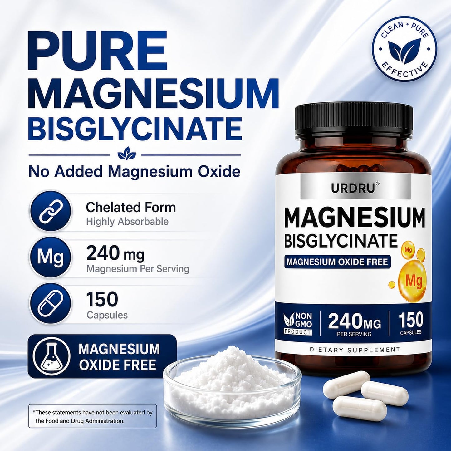 URDRU Magnesium Glycinate 2182mg 100% Chelated Magnesium Supplement Capsule, 150 Count