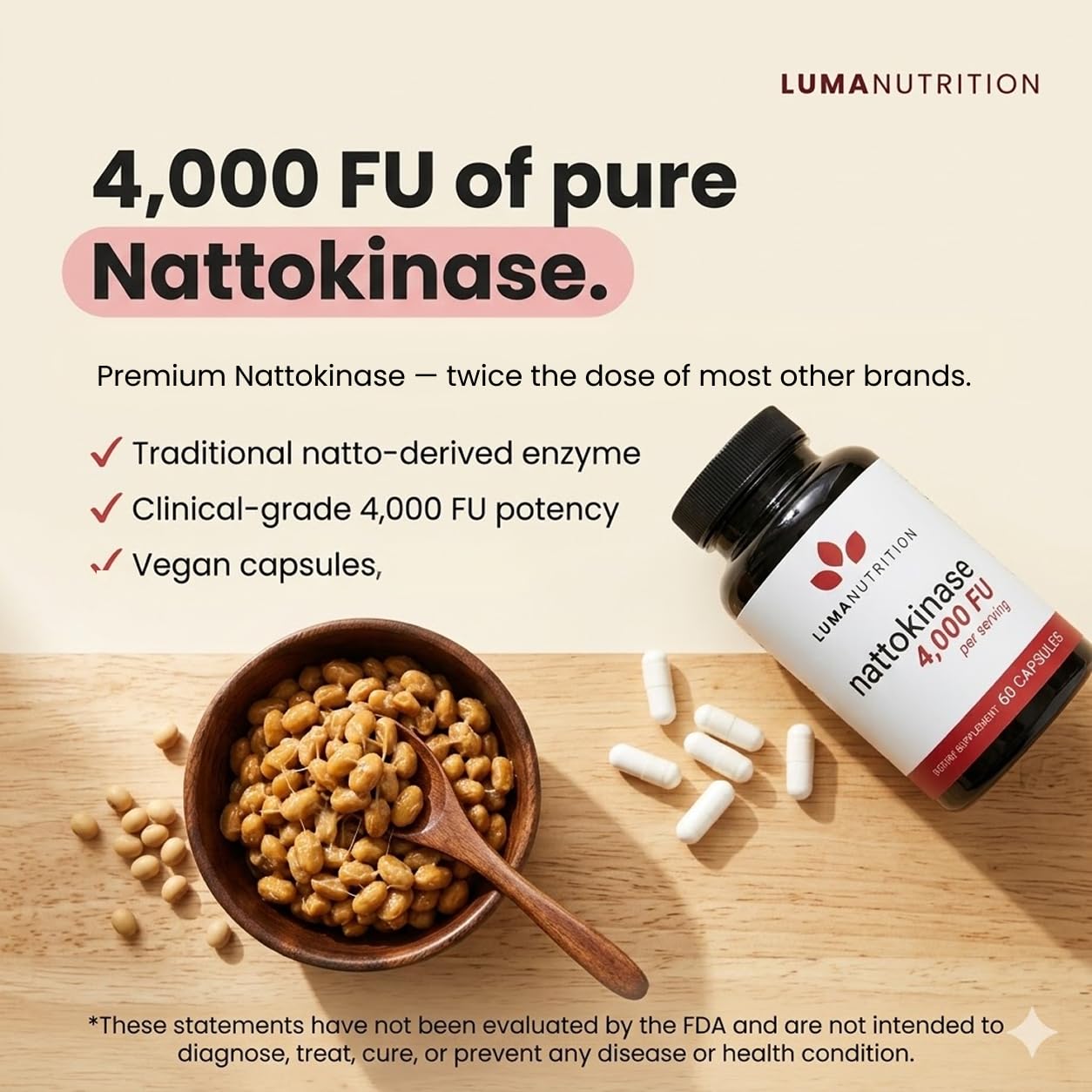 Luma Nutrition Nattokinase Supplement Natto 4000 FU per Serving Capsule, 60 Capsules