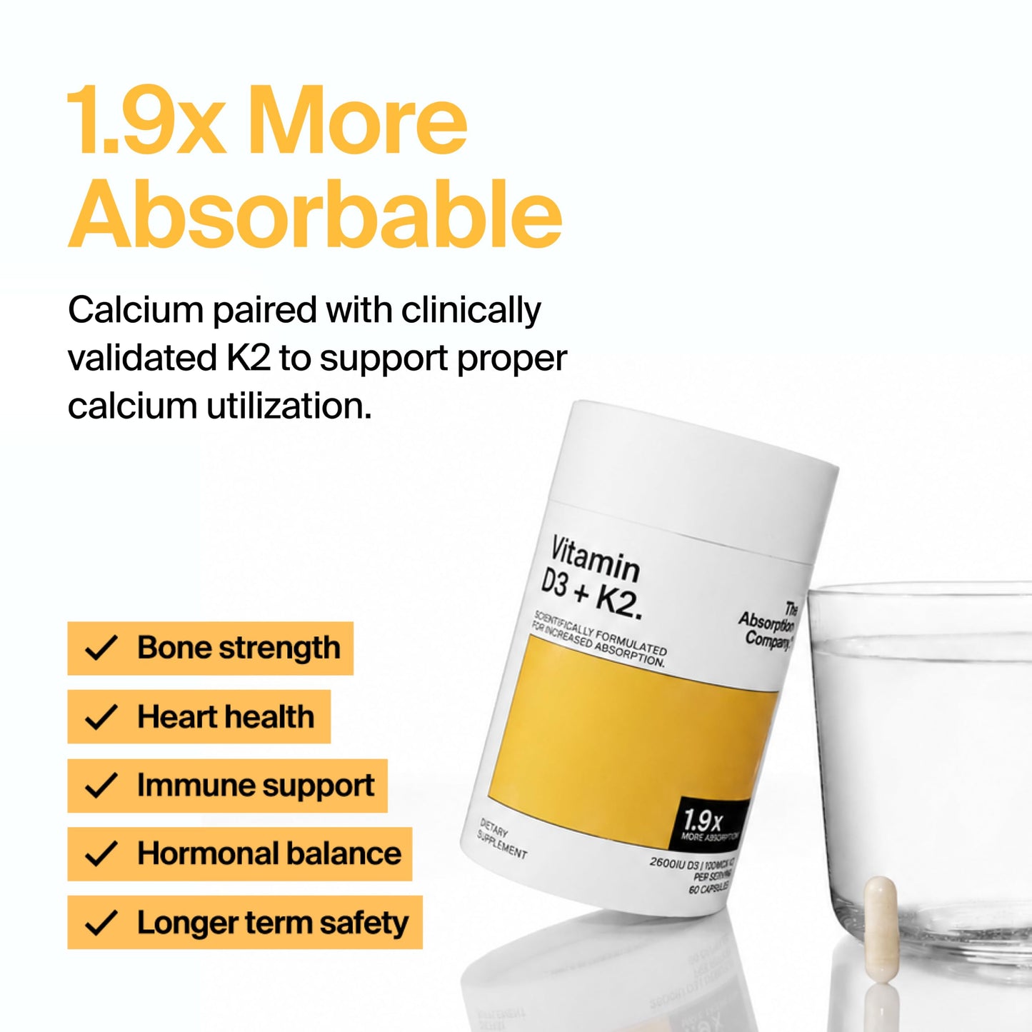 The Absorption Company Vitamin D3 K2-60 Muscle Support Capsule, 60 Count