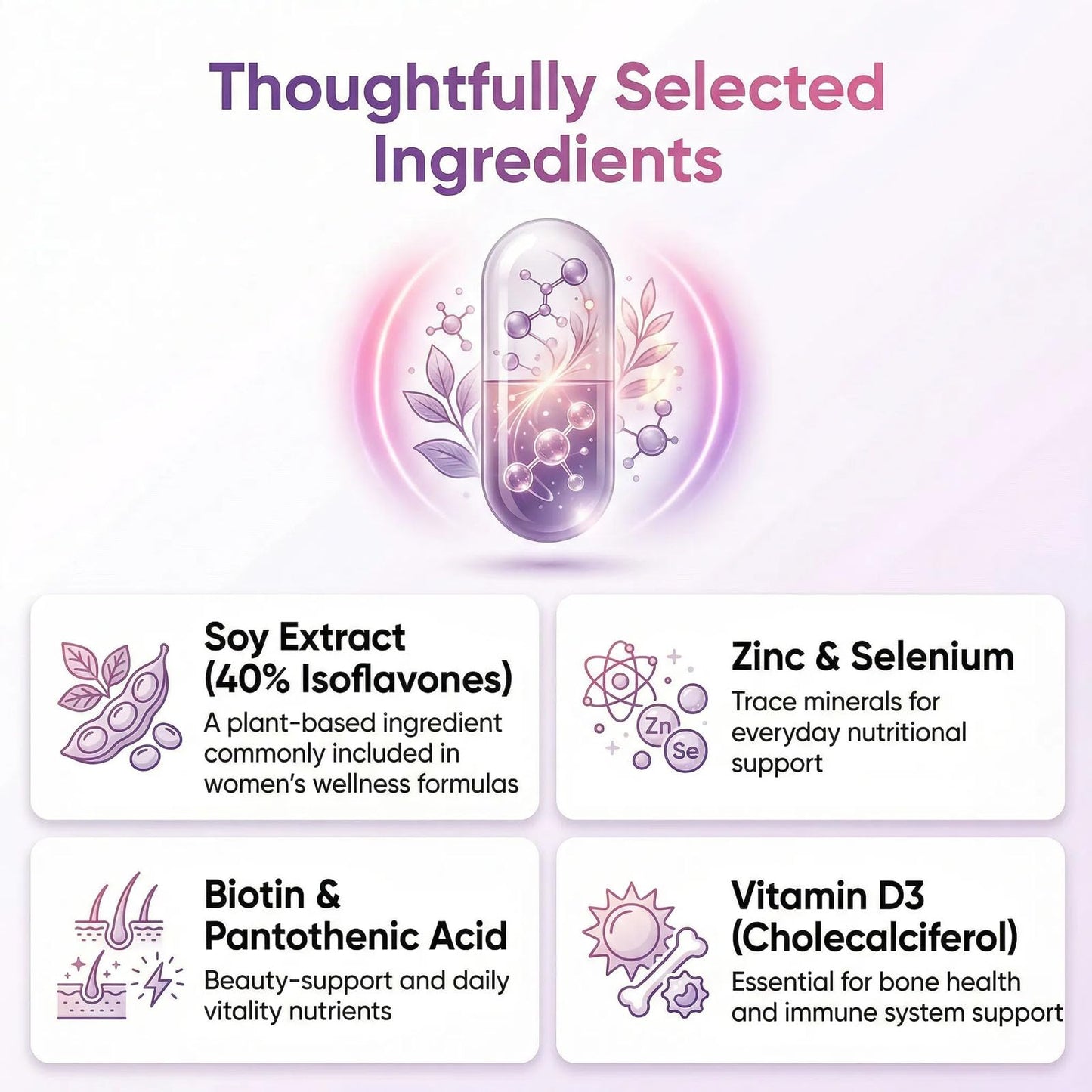 Boaccy Flavona Hormone Balance for Women Isoflavone Supplement with Soy Extract, B Vitamins, Zinc & Selenium, Non-GMO, Supports Daily Balance, Energy & Sleep Routine, 60 Capsules