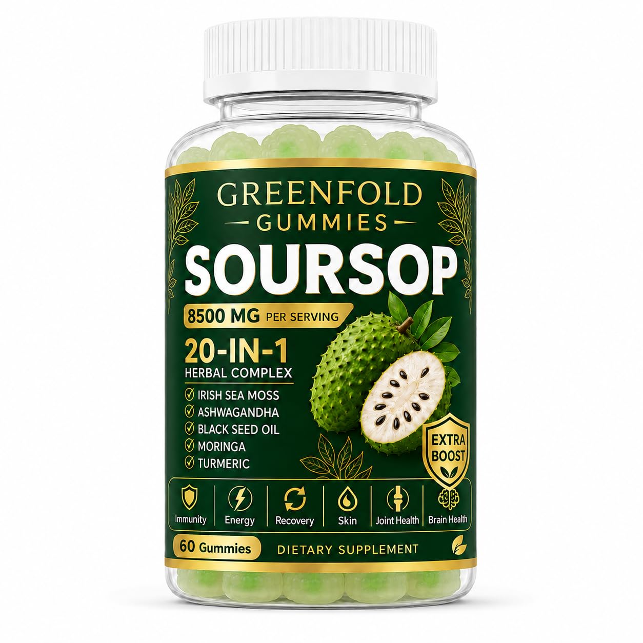 Greenfold Soursop Gummies 20-in-1 Immune Support & Daily Wellness, Herbal Supplement with Soursop Leaf Extract, Sea Moss, Ashwagandha, Black Seed Oil, Moringa, Turmeric & Oregano, Vegan 60 Gummies