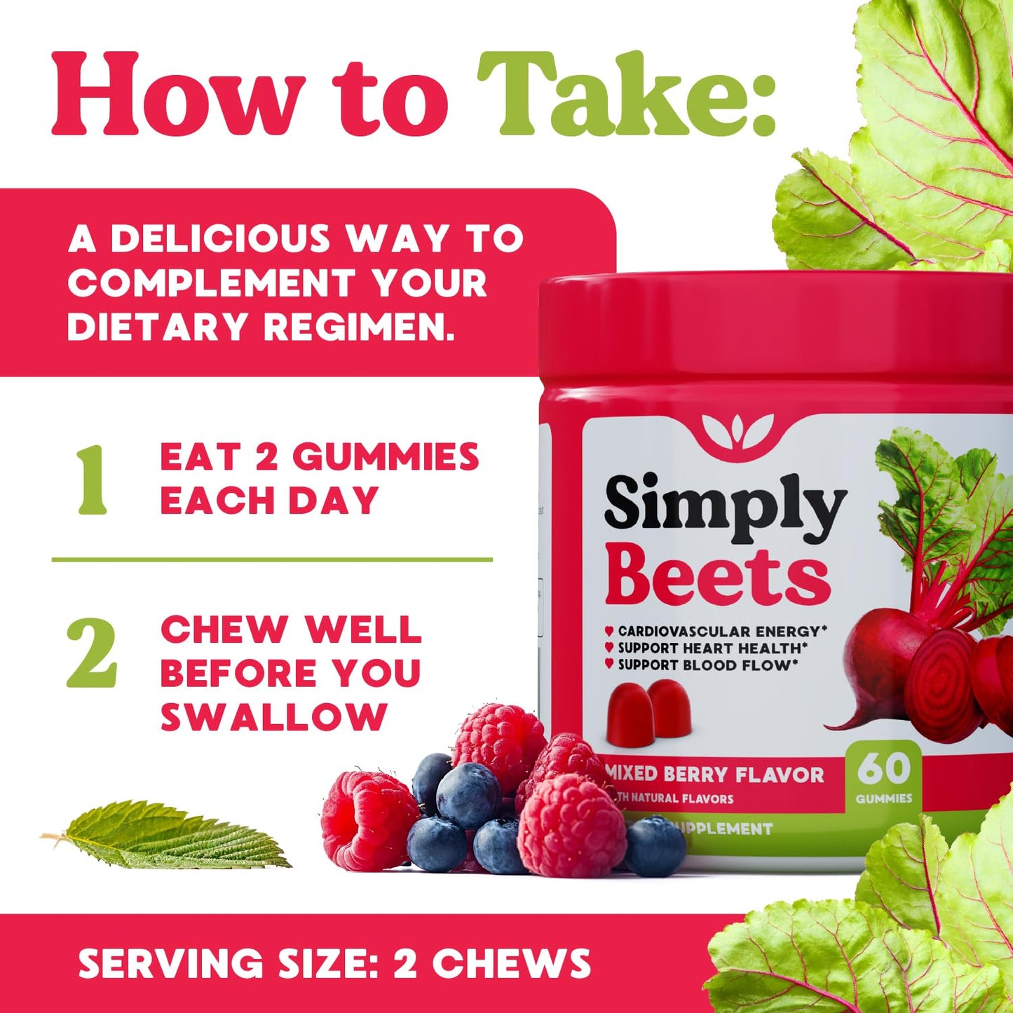 Simply Beets Beet Gummies with CoQ10 and Grape Seed Extract, 120 Gummies