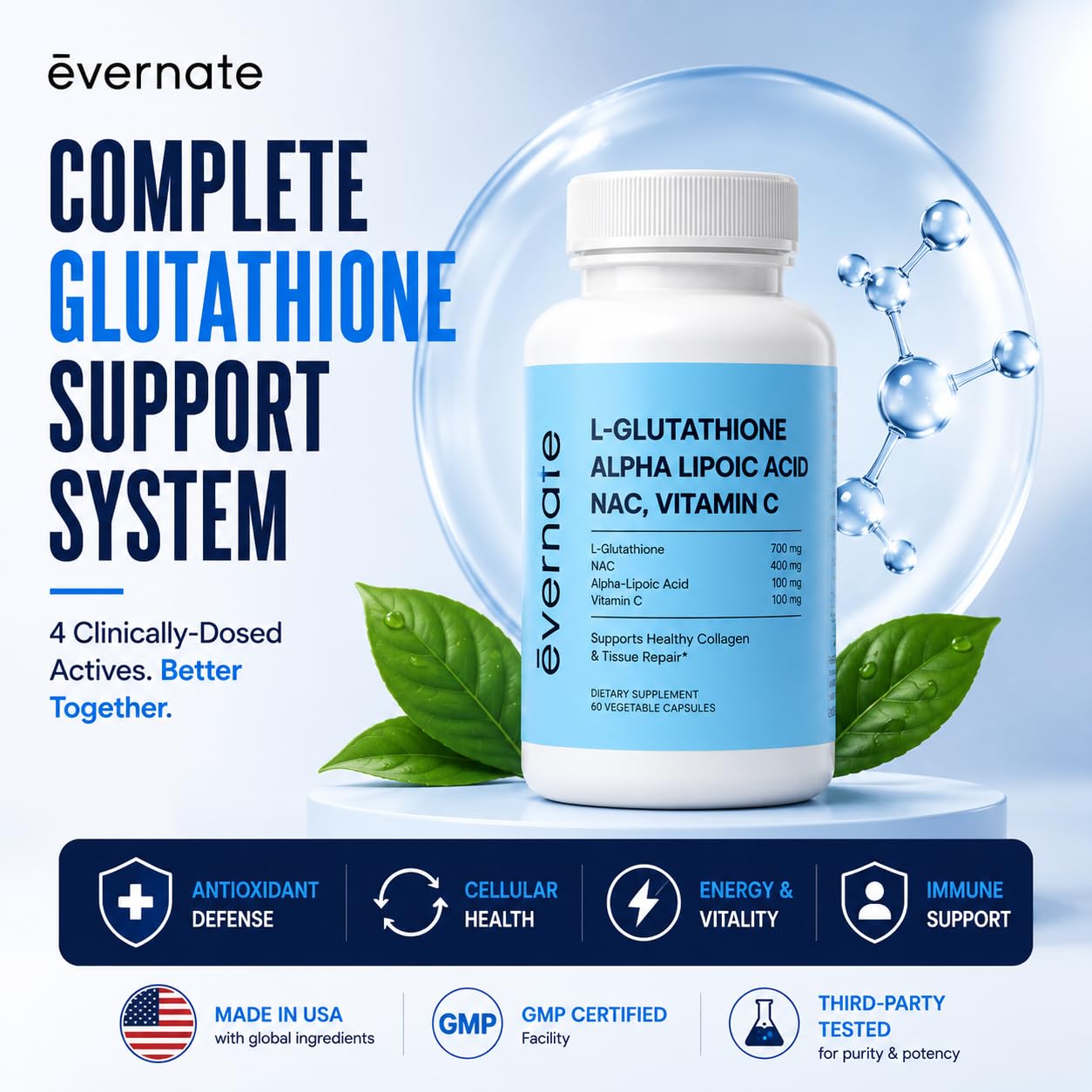Evernate 4-in-1 L-Glutathione 700mg with NAC 400mg, Alpha Lipoic Acid 200mg & Vitamin C – Skin Brightening, Liver Detox, Immune Support & Antioxidant Defense – 60 Vegan Capsules