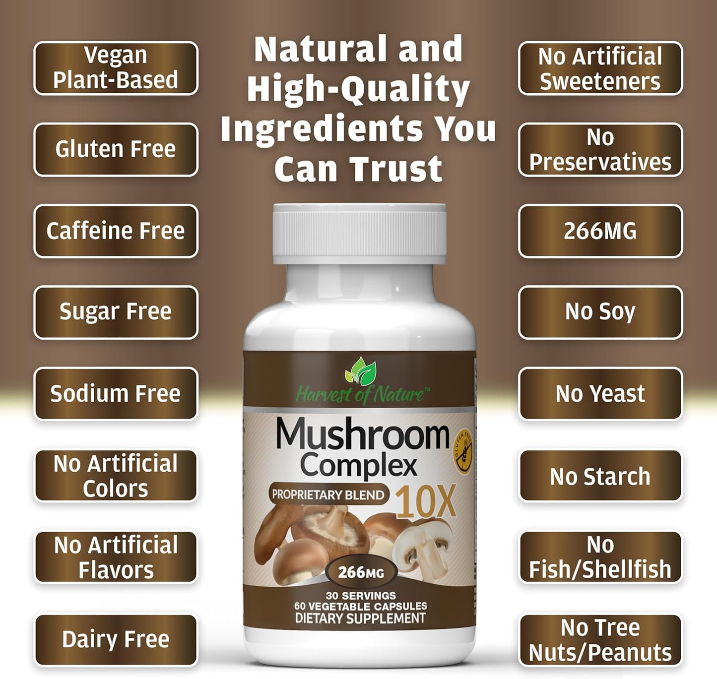 Harvest of Nature Mushroom Complex Capsules with Lion's Mane, Reishi, Turkey Tail, Shiitake, 60 Count