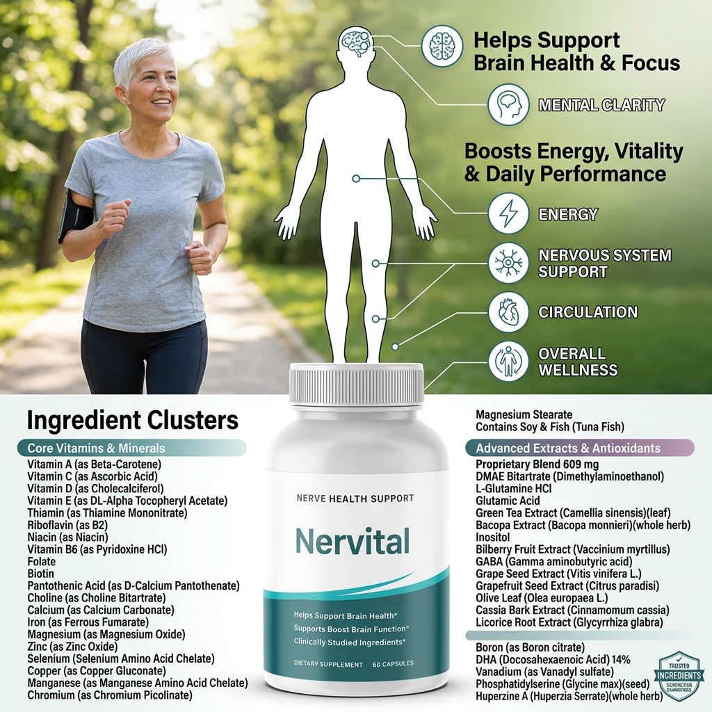 Fitness InspireWays Nervital for Nerve Health Support - Nervital Brain Health Dietary Supplement - Nervital Support Boost Brain Function 60 Capsules