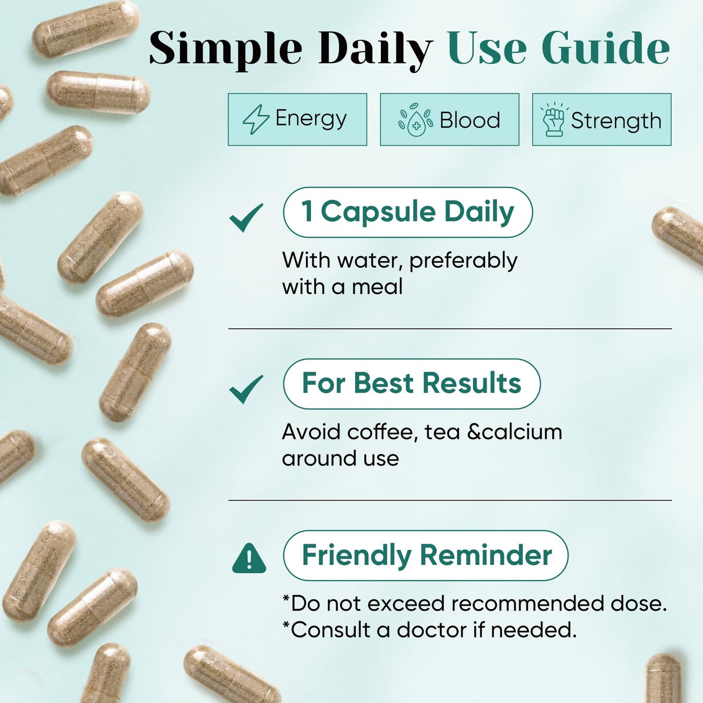 Fidus Gentle Iron Supplement 65mg with Iron Bisglycinate 350mg, Vitamin C, B-Complex, Zinc & Copper Capsule 60 Count