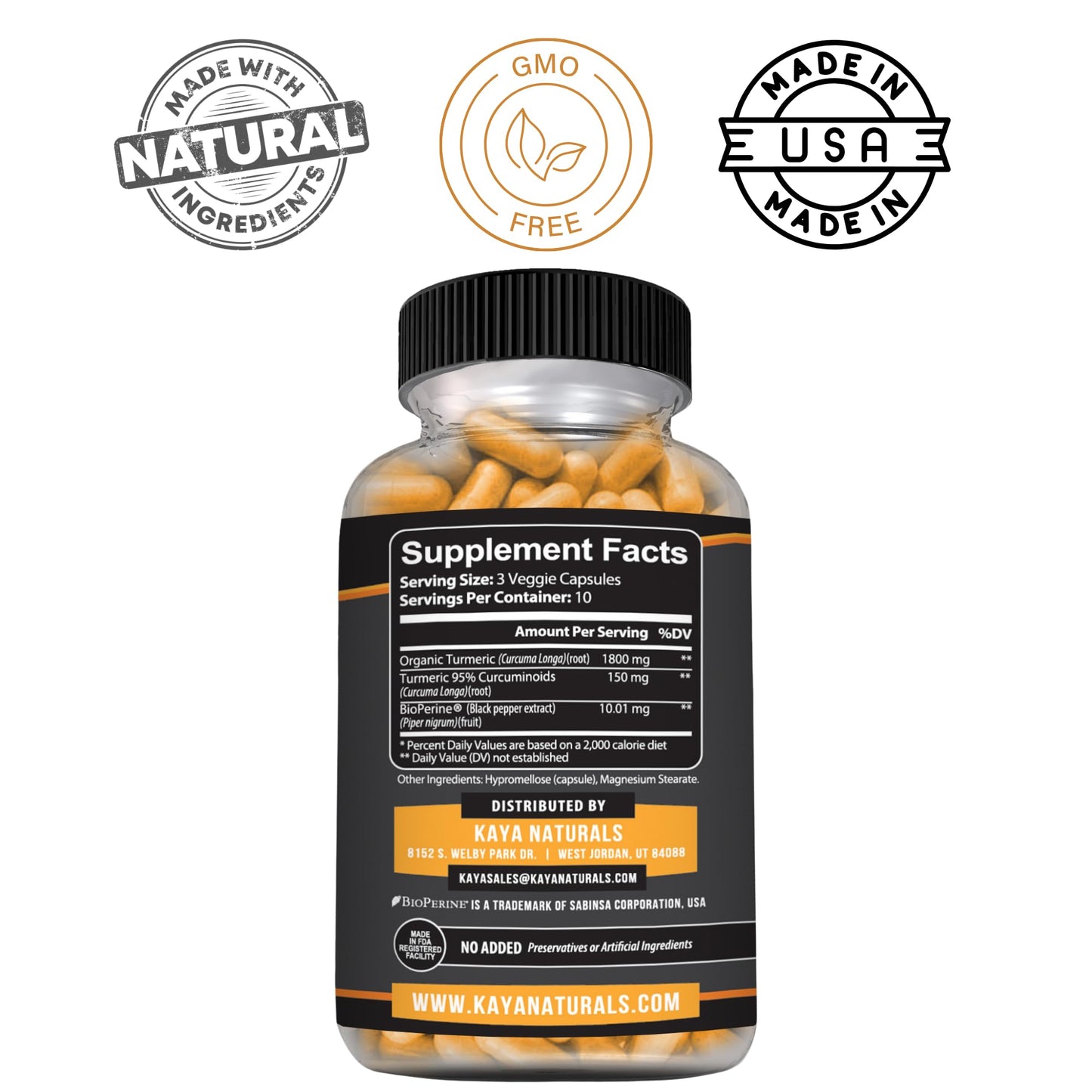 Kaya Naturals Turmeric with Bioperine 1300mg Turmeric Capsules, 30 Capsules