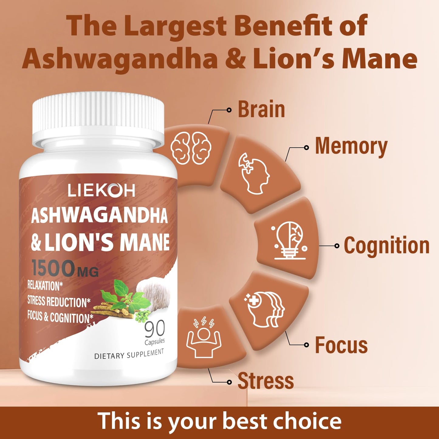 Liekoh Lions Mane & Ashwagandha Brain Health Capsules, 90 Capsules