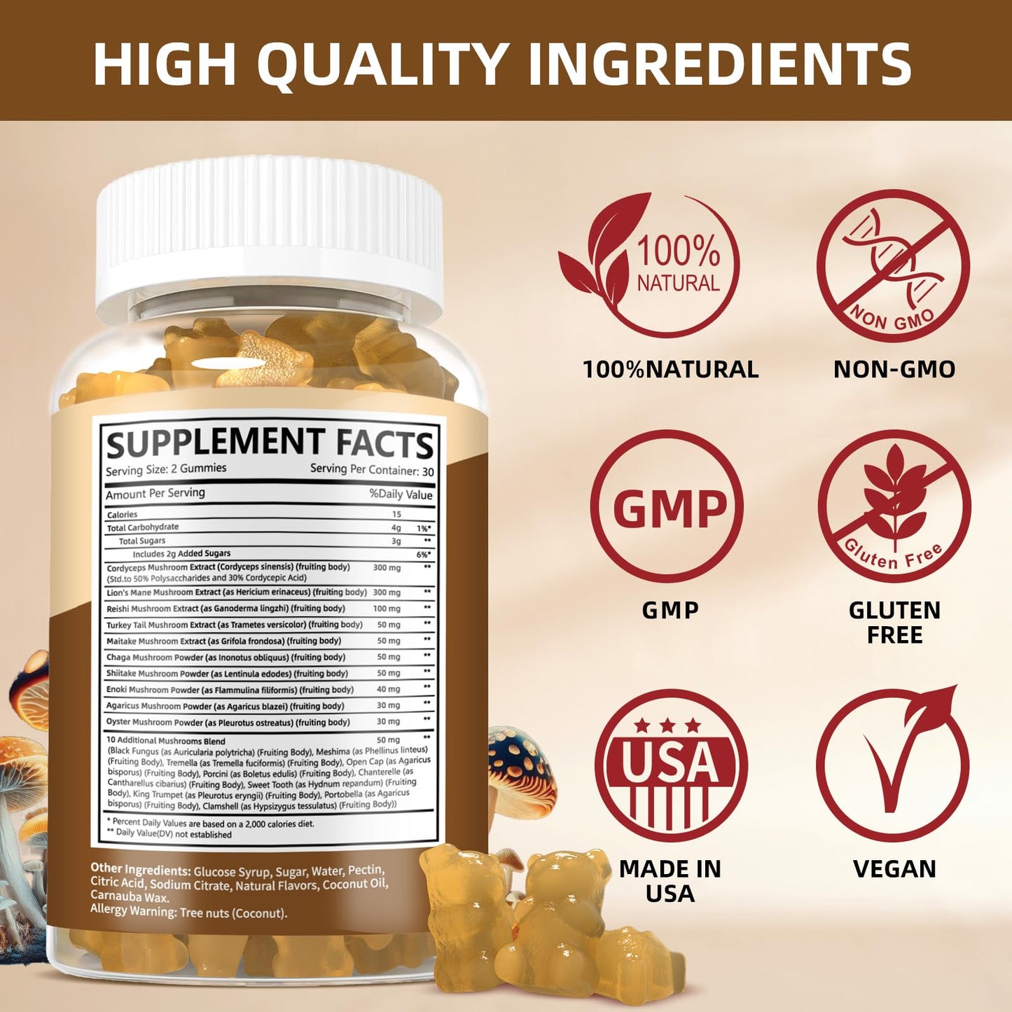 HEALOADING Mushroom Gummies with Lion's Mane & Cordyceps - Immune Support, Brain Health & Memory Enhancement - Vegan Mushroom Complex with Vitamin D3, B6, B9 & B12 - Focus, Energy & Cognitive Function Supplement, 60 Gummies